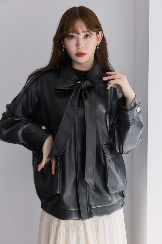Ribbon-Tie Faux Leather Jacket
