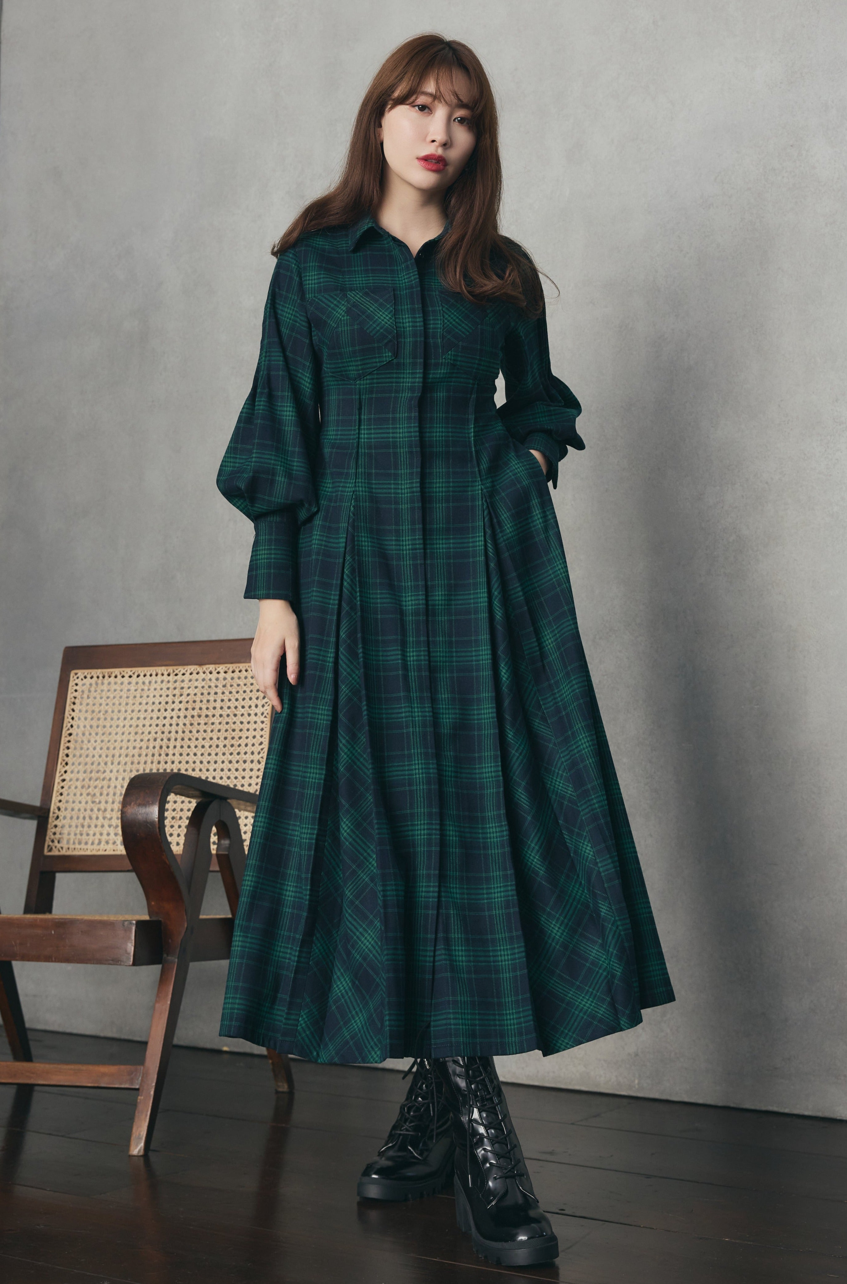 Checkered Pleats Long Shirt Dress