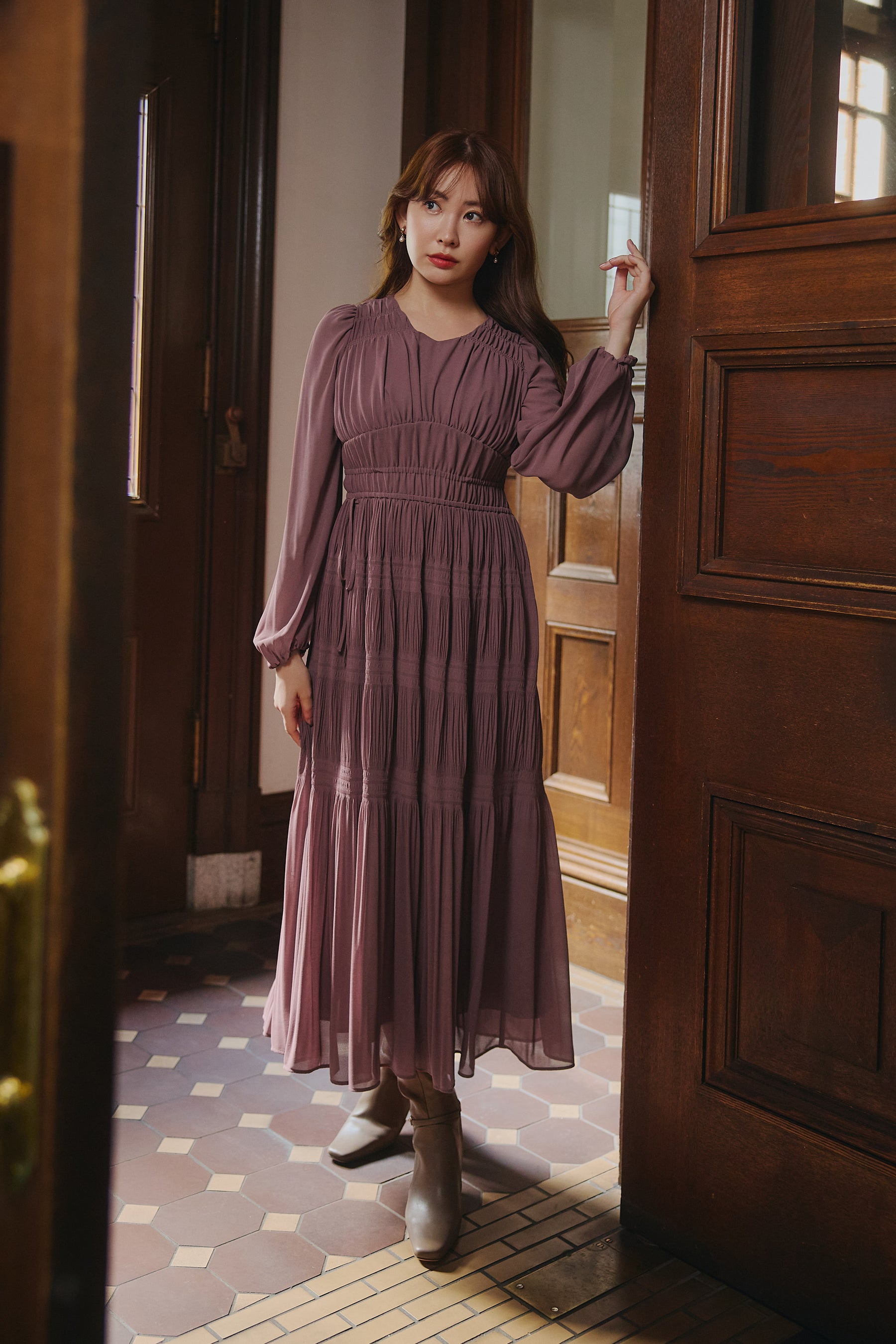 【新色】Majolica Pleated Chiffon Long Dress