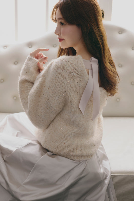 Back-Ribbon Twinkle Knit Top