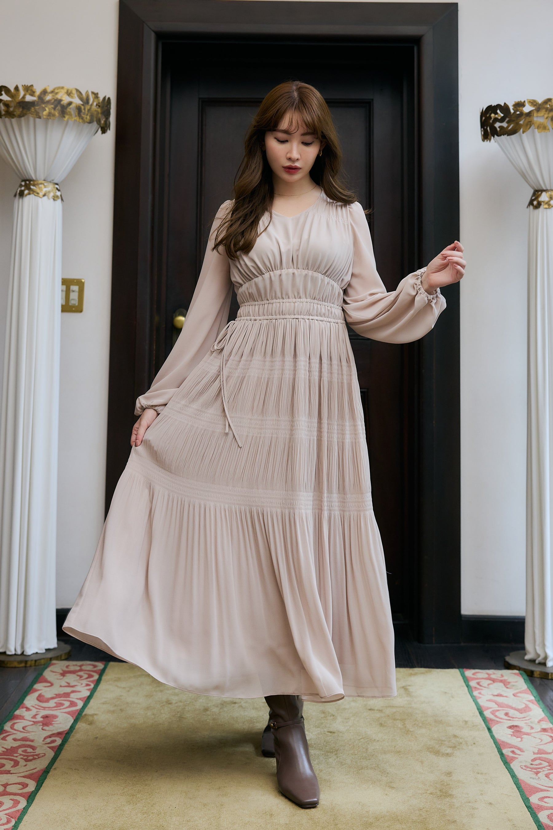 【新色】Majolica Pleated Chiffon Long Dress