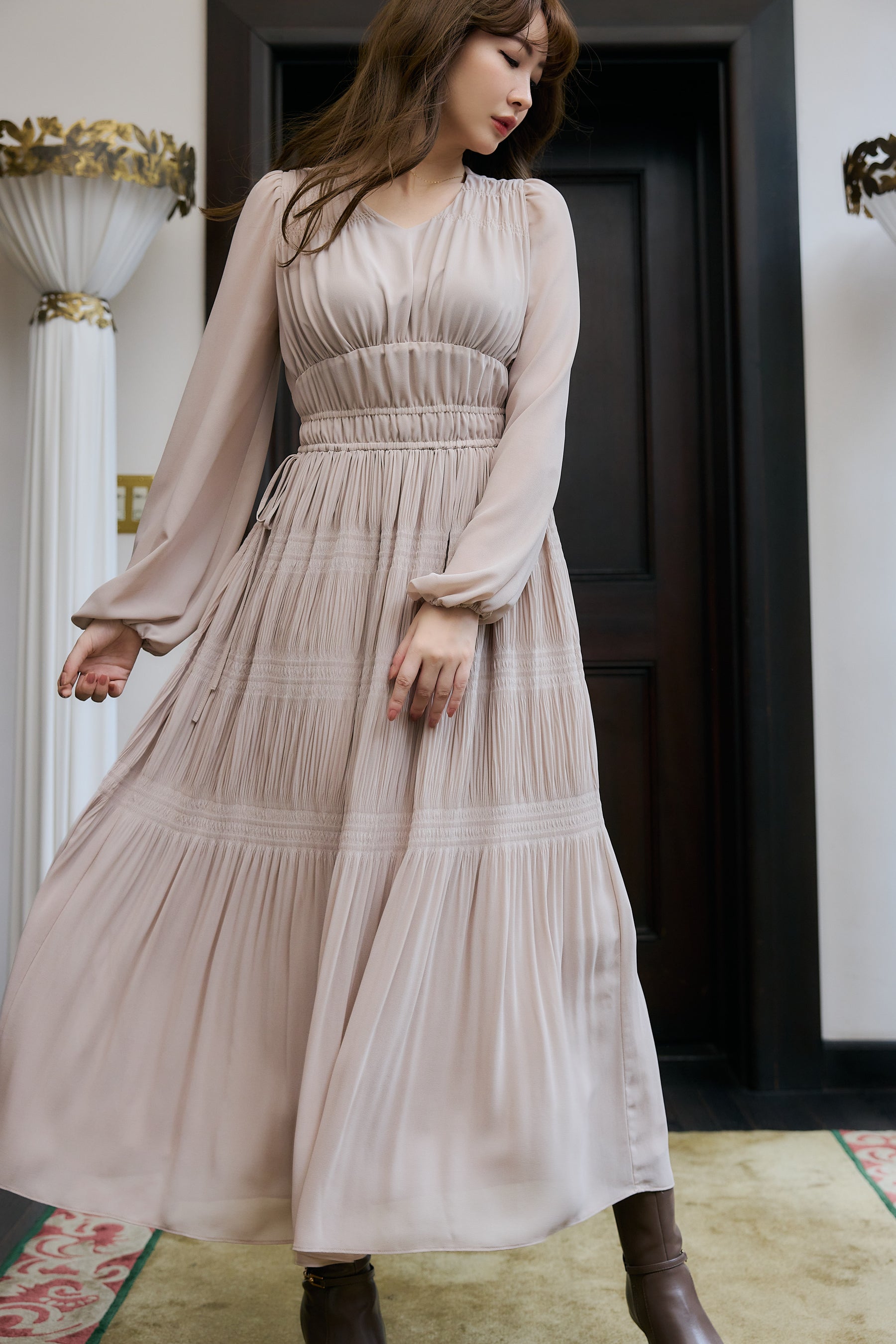 【新色】Majolica Pleated Chiffon Long Dress