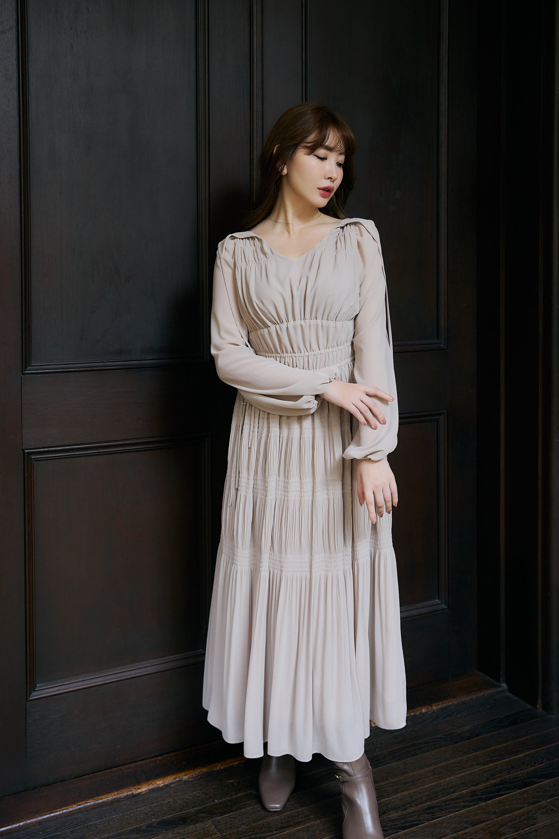 【新色】Majolica Pleated Chiffon Long Dress