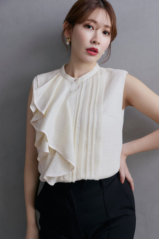 Asymmetric Tweed Frill Top