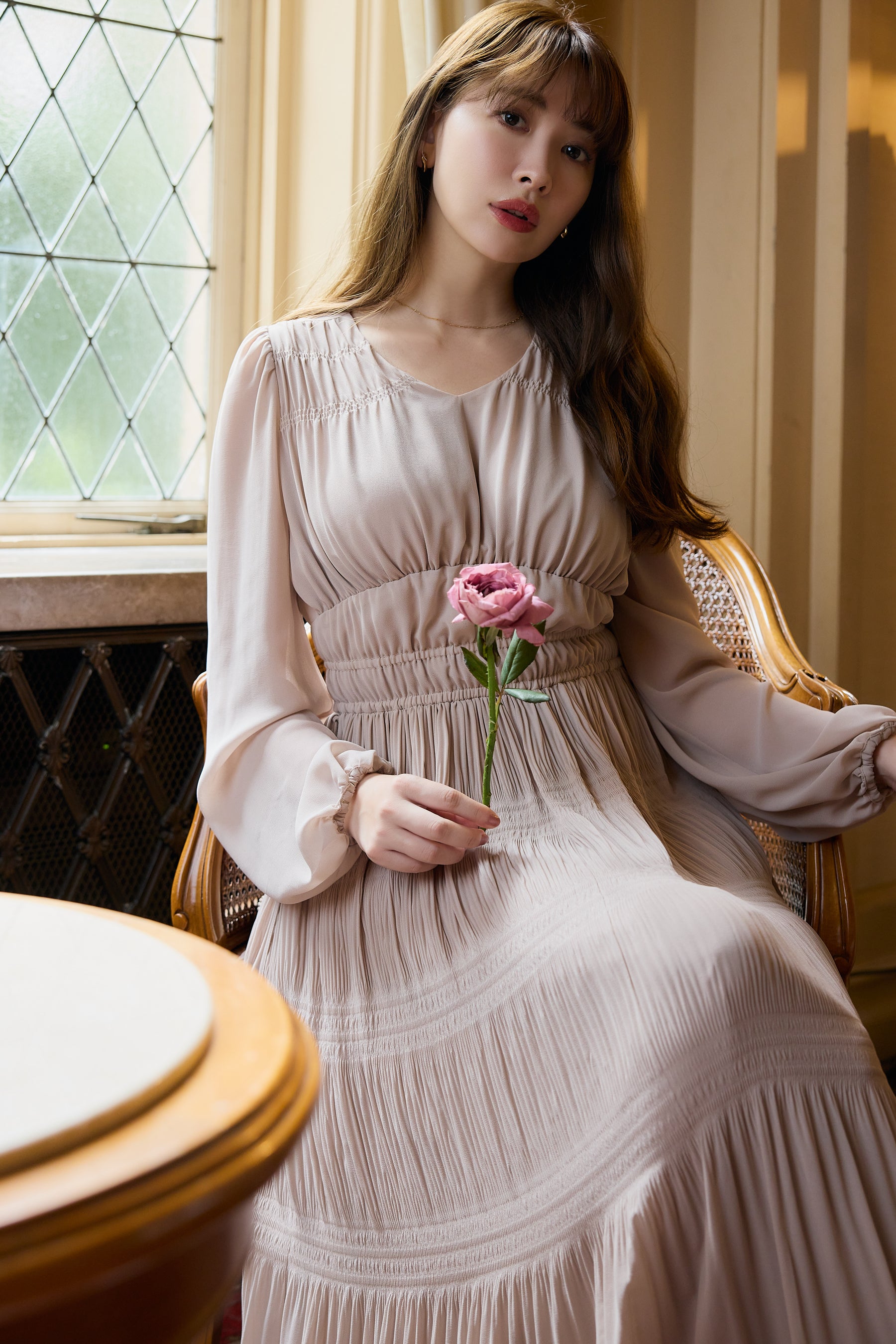 【新色】Majolica Pleated Chiffon Long Dress