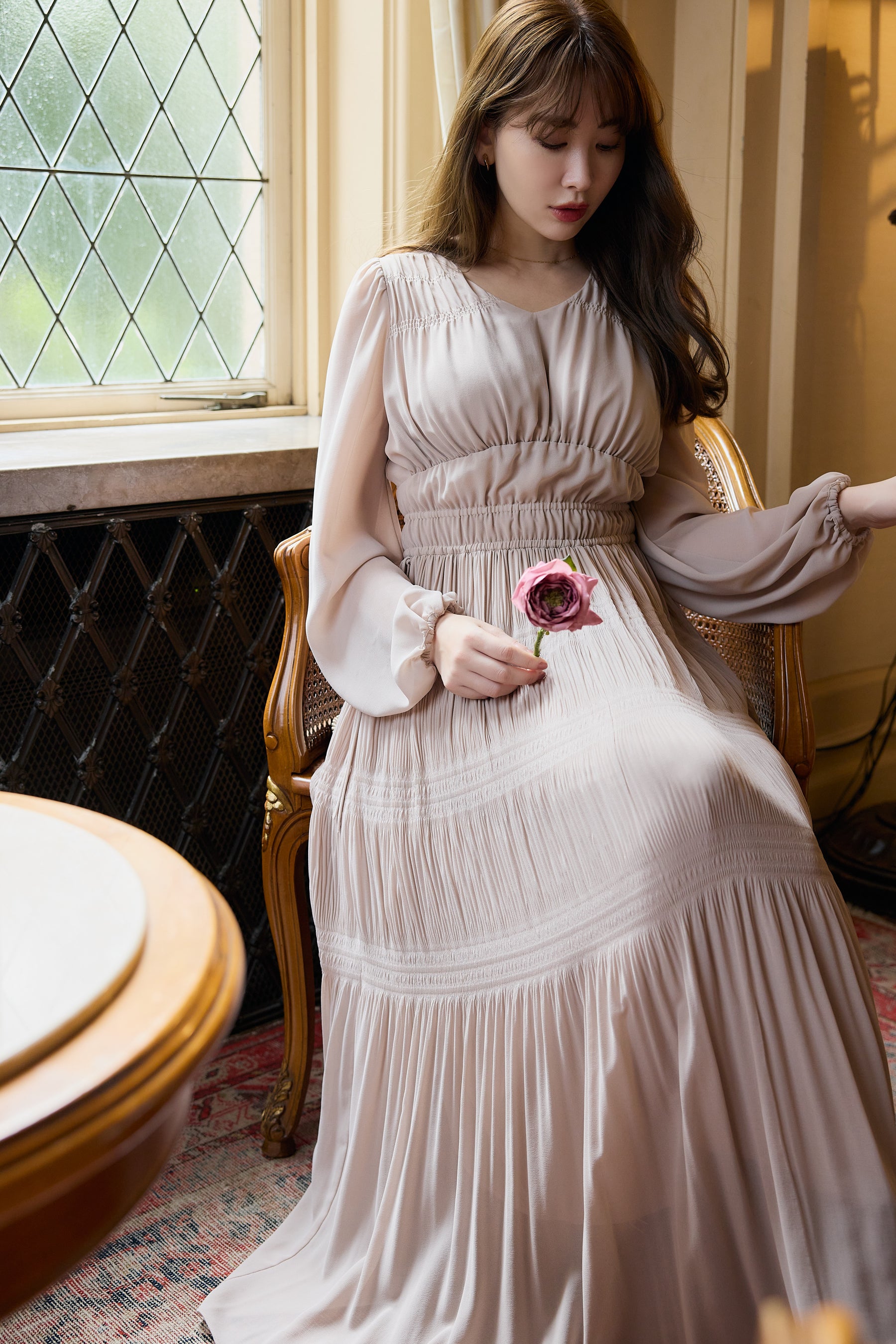 【新色】Majolica Pleated Chiffon Long Dress