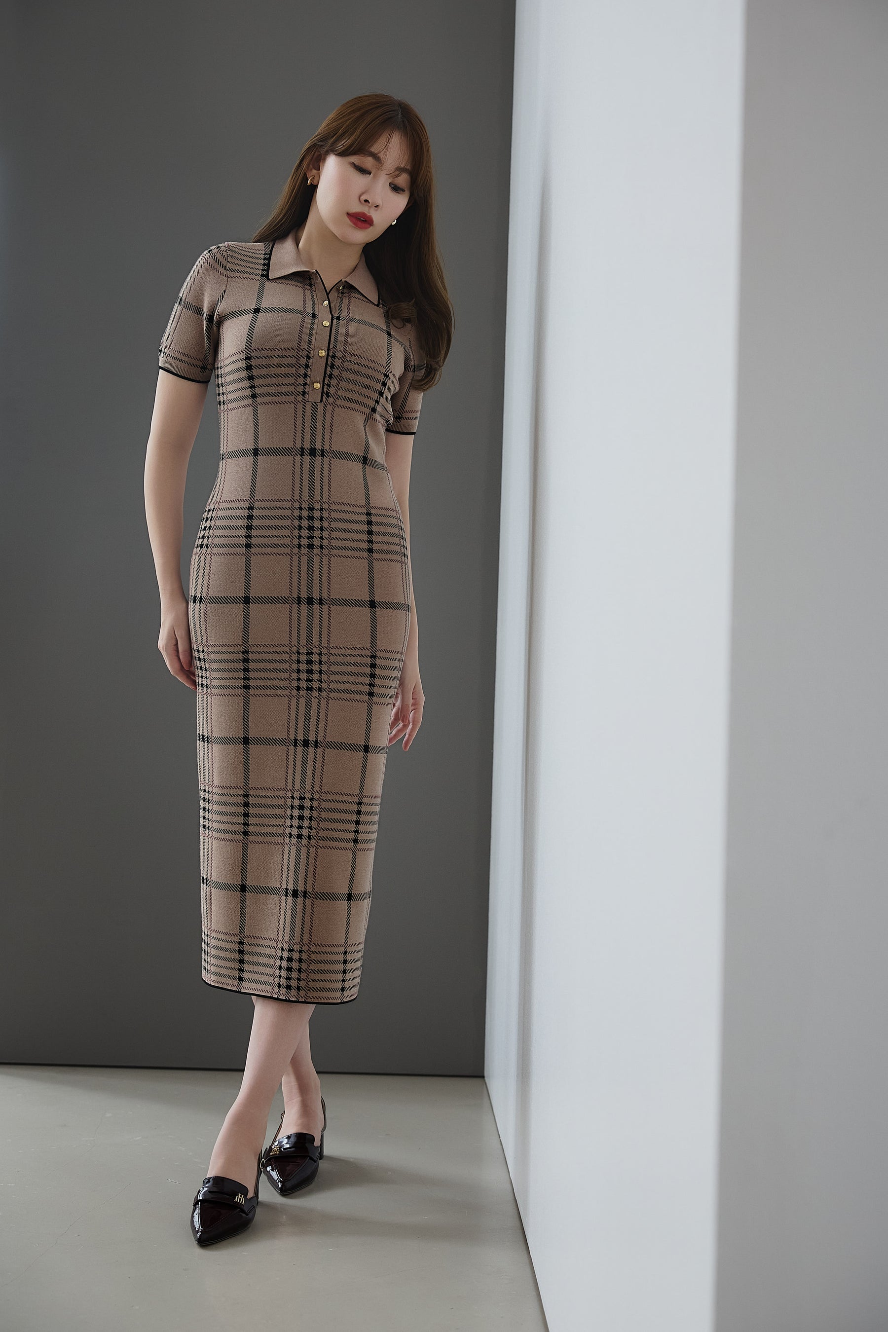Gold-Buttoned Plaid Knit Dress