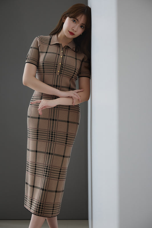 Gold-Buttoned Plaid Knit Dress