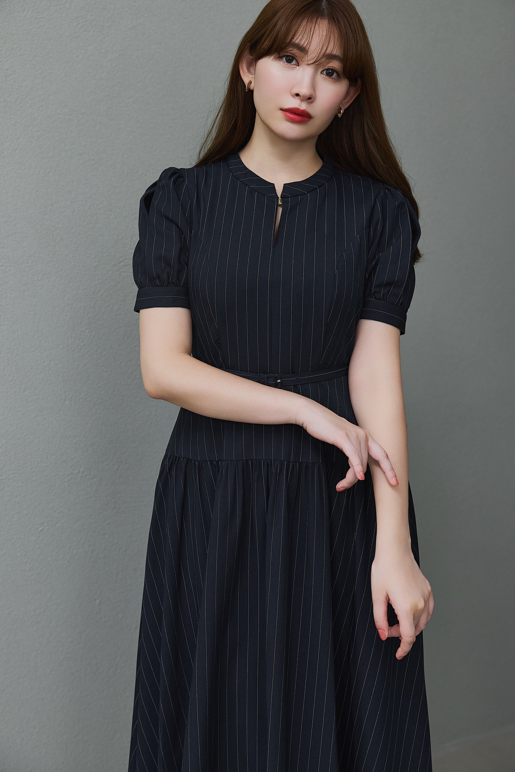 Pin-Stripe Belted Flared Dress