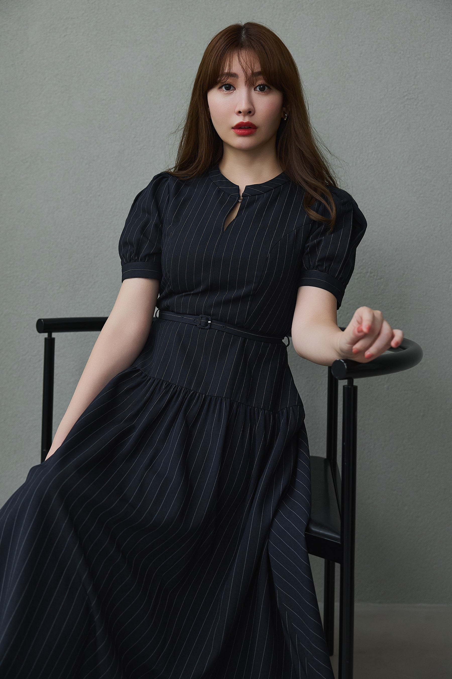 Pin-Stripe Belted Flared Dress