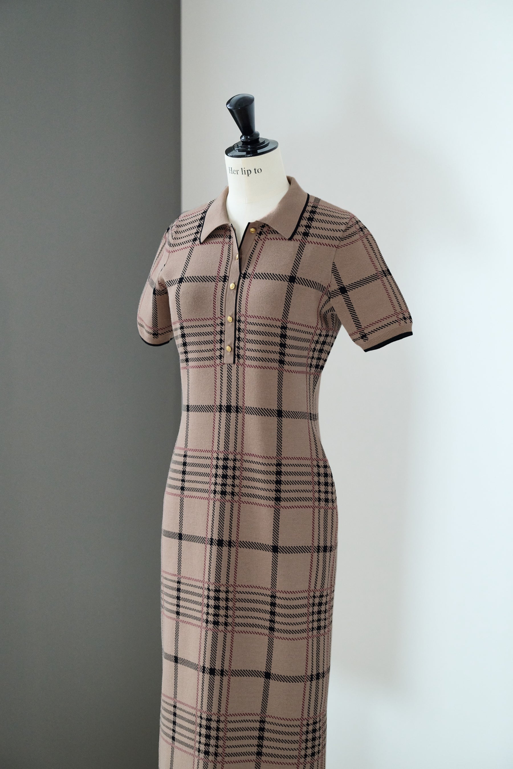 Gold-Buttoned Plaid Knit Dress