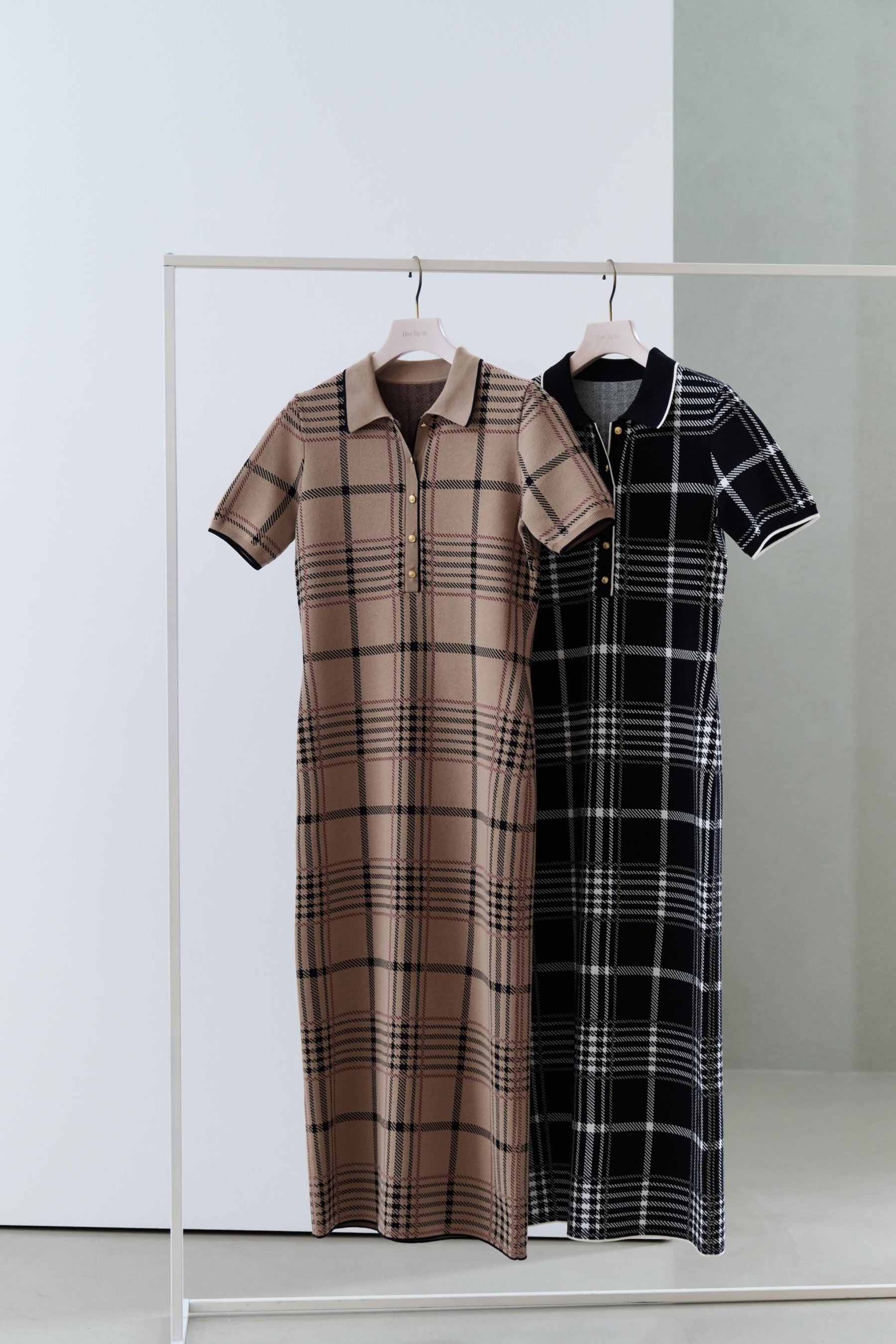 Gold-Buttoned Plaid Knit Dress