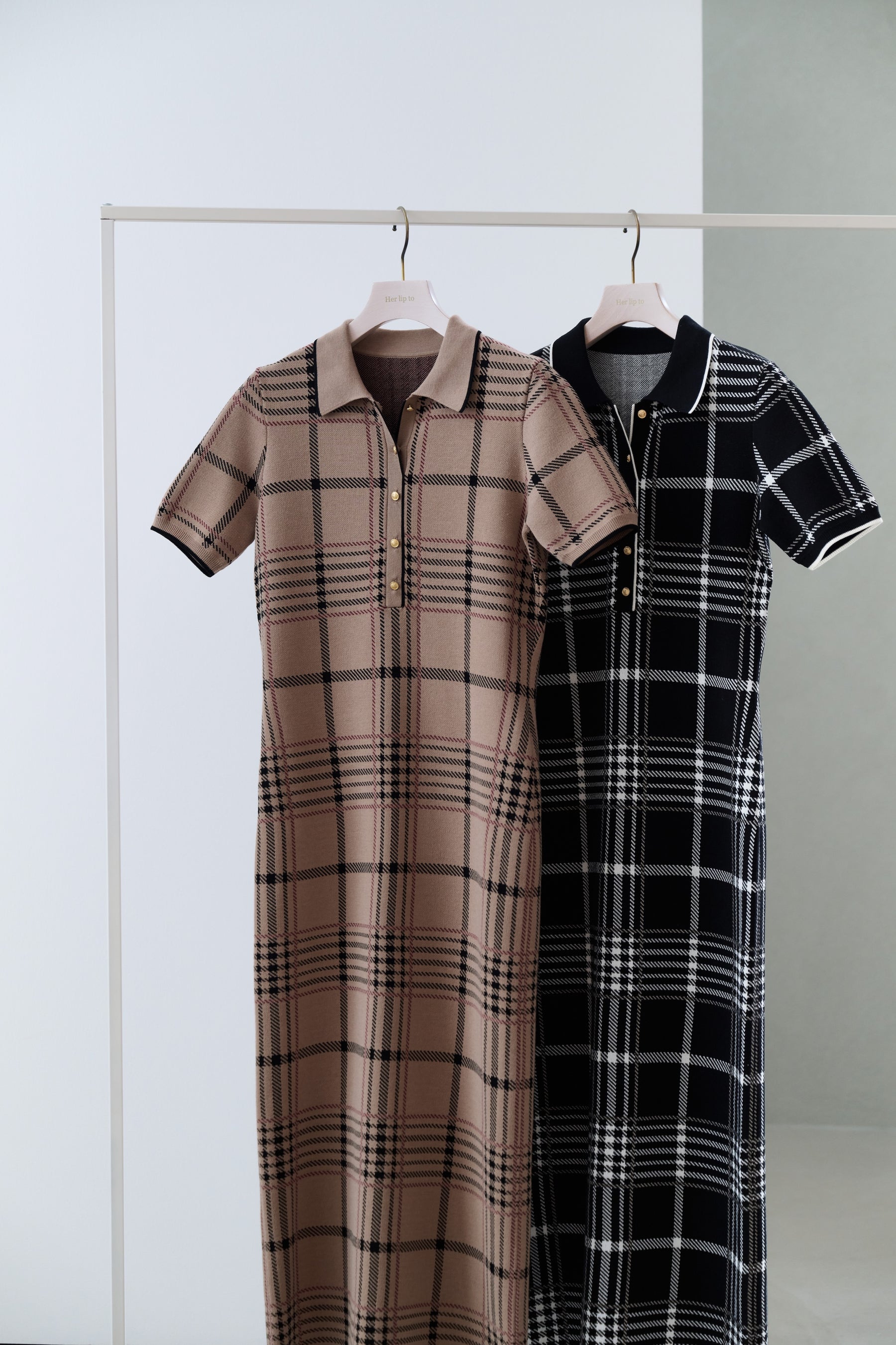Gold-Buttoned Plaid Knit Dress
