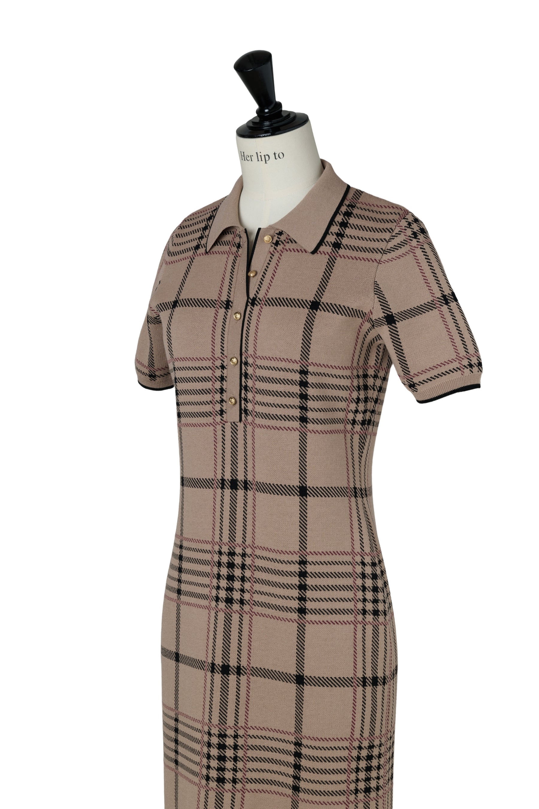 Gold-Buttoned Plaid Knit Dress