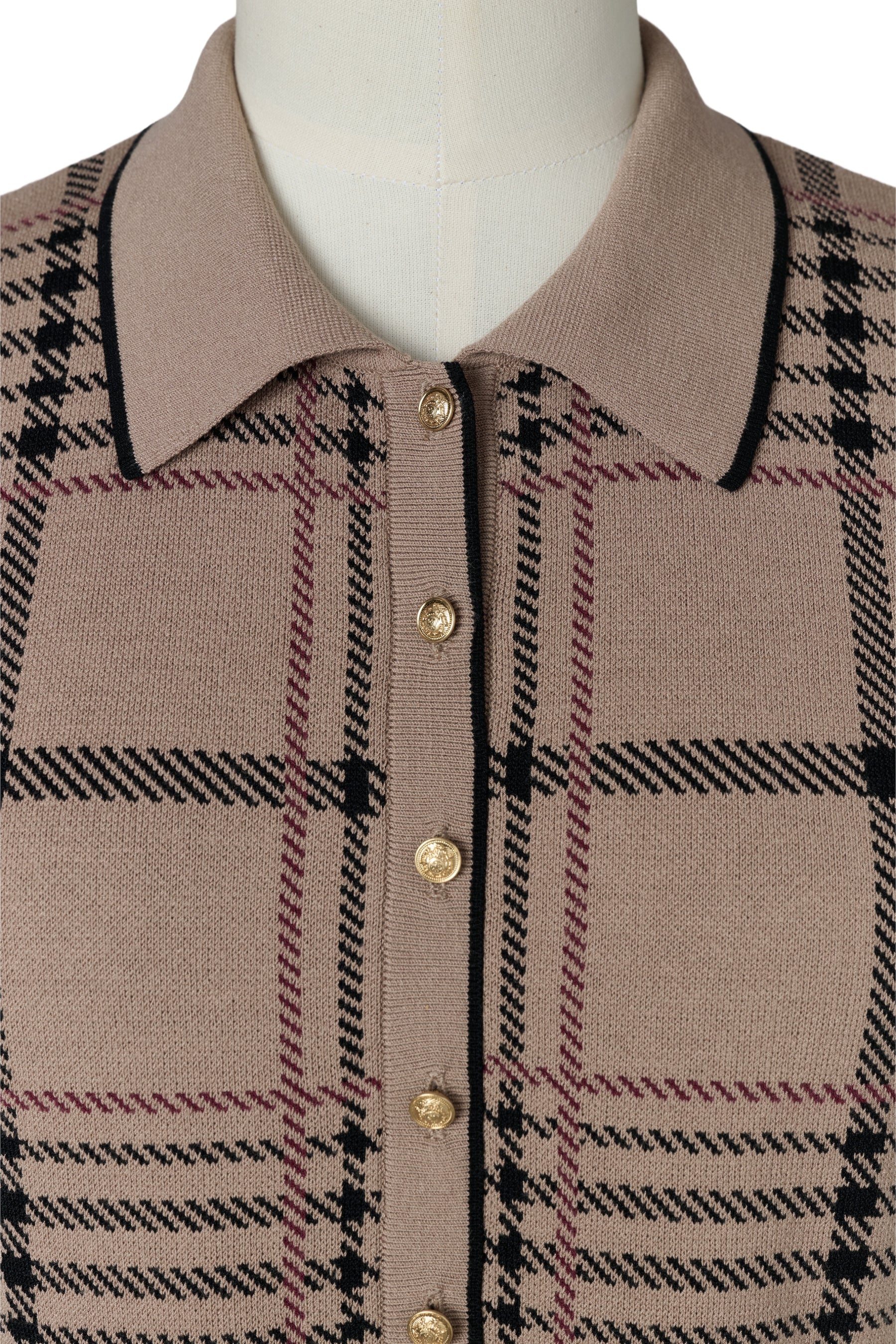 Gold-Buttoned Plaid Knit Dress