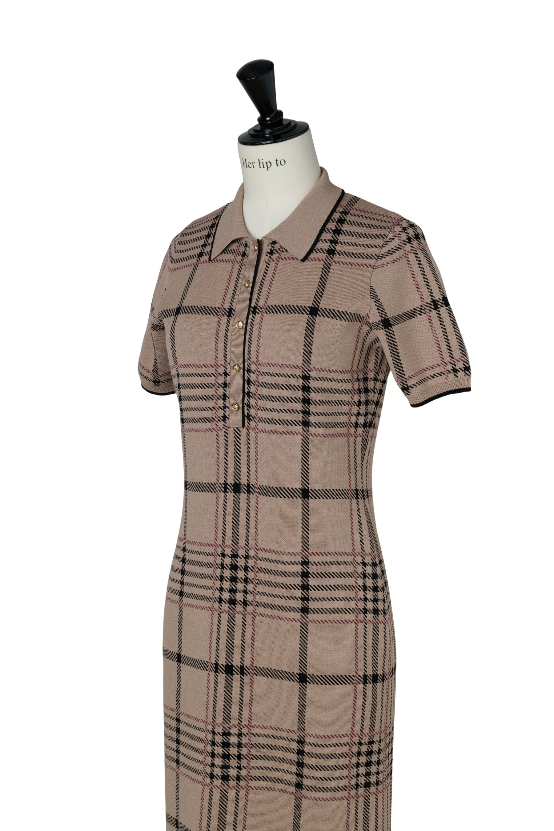 Gold-Buttoned Plaid Knit Dress
