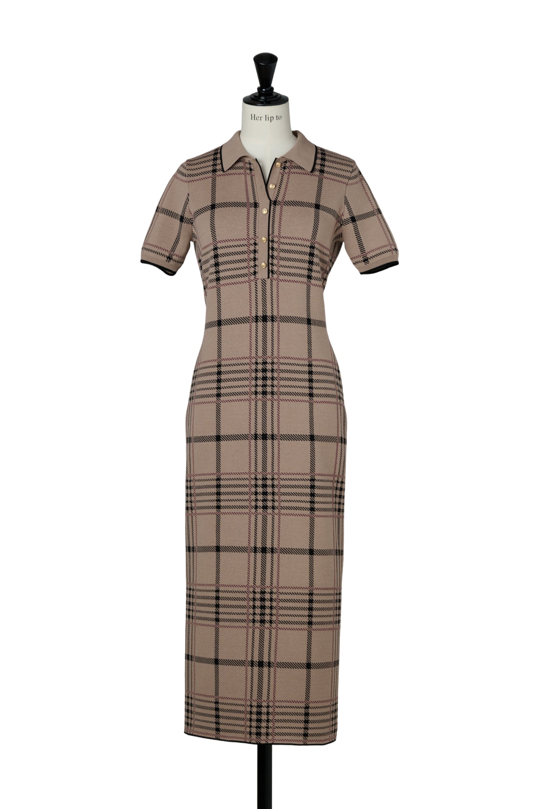 Gold-Buttoned Plaid Knit Dress