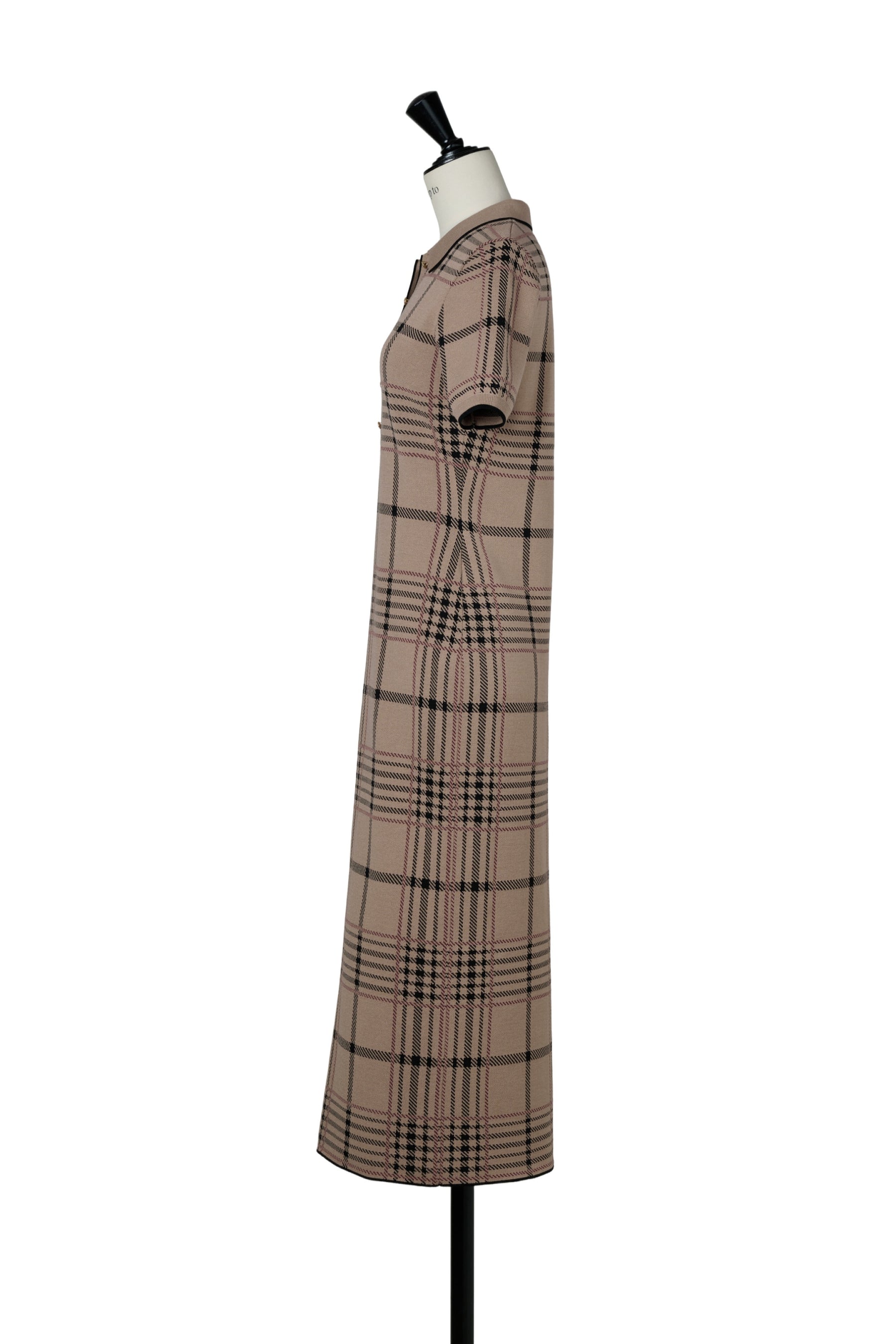 Gold-Buttoned Plaid Knit Dress