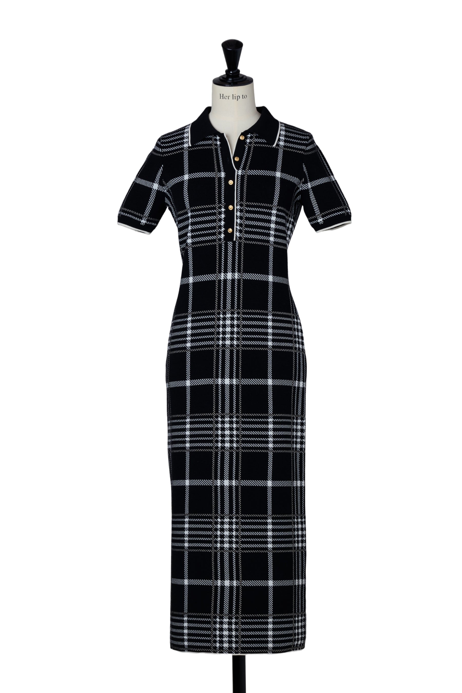 Gold-Buttoned Plaid Knit Dress