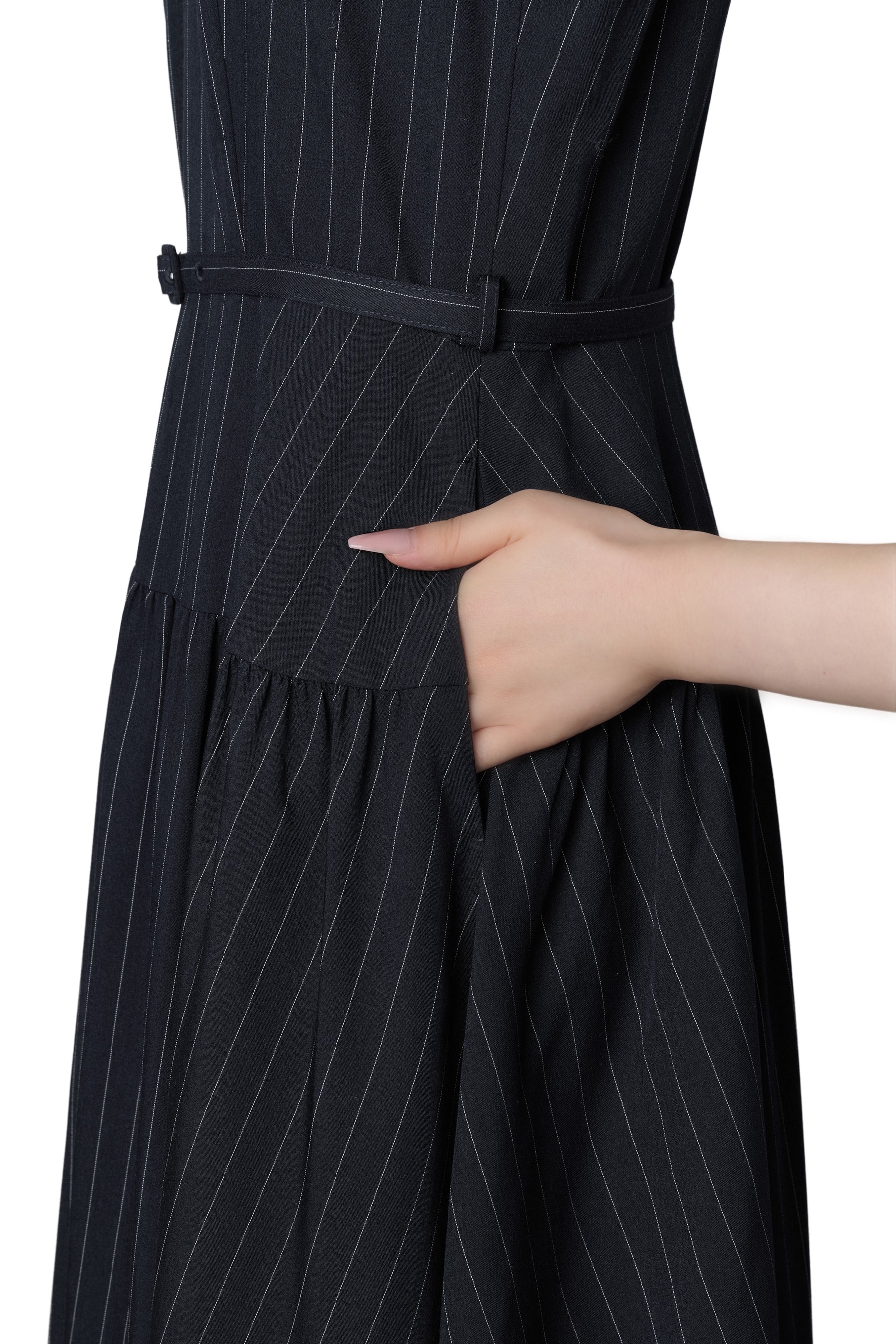 Pin-Stripe Belted Flared Dress