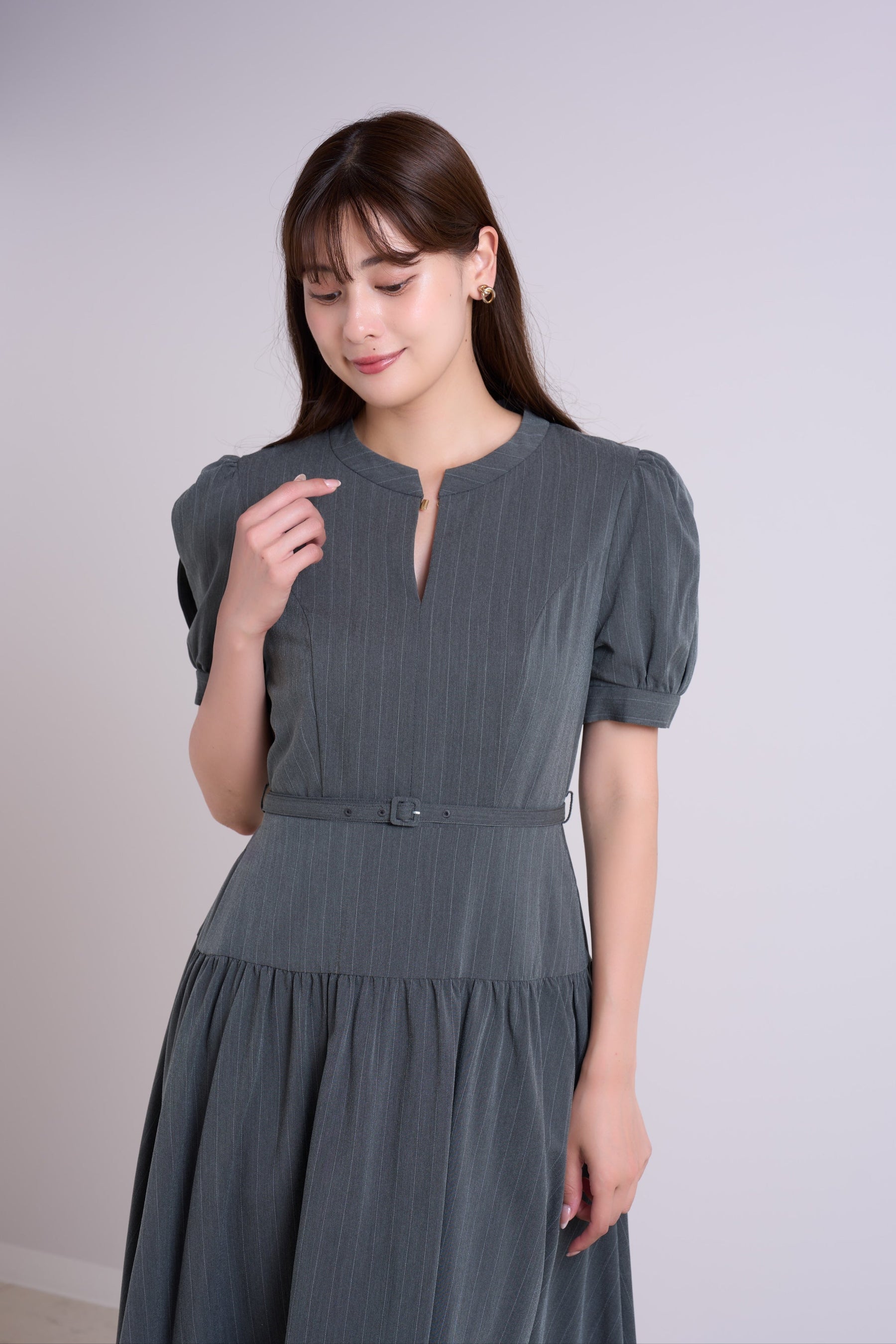 Pin-Stripe Belted Flared Dress