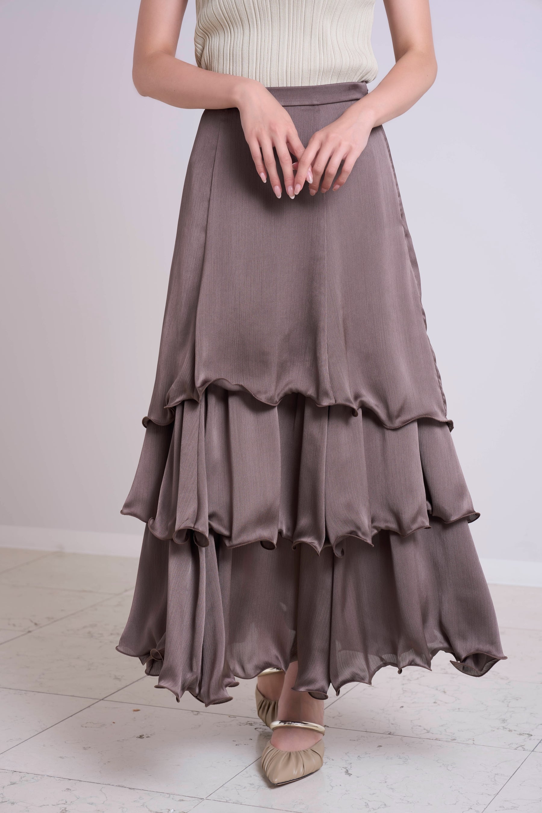 Layered Frilled Satin Skirt