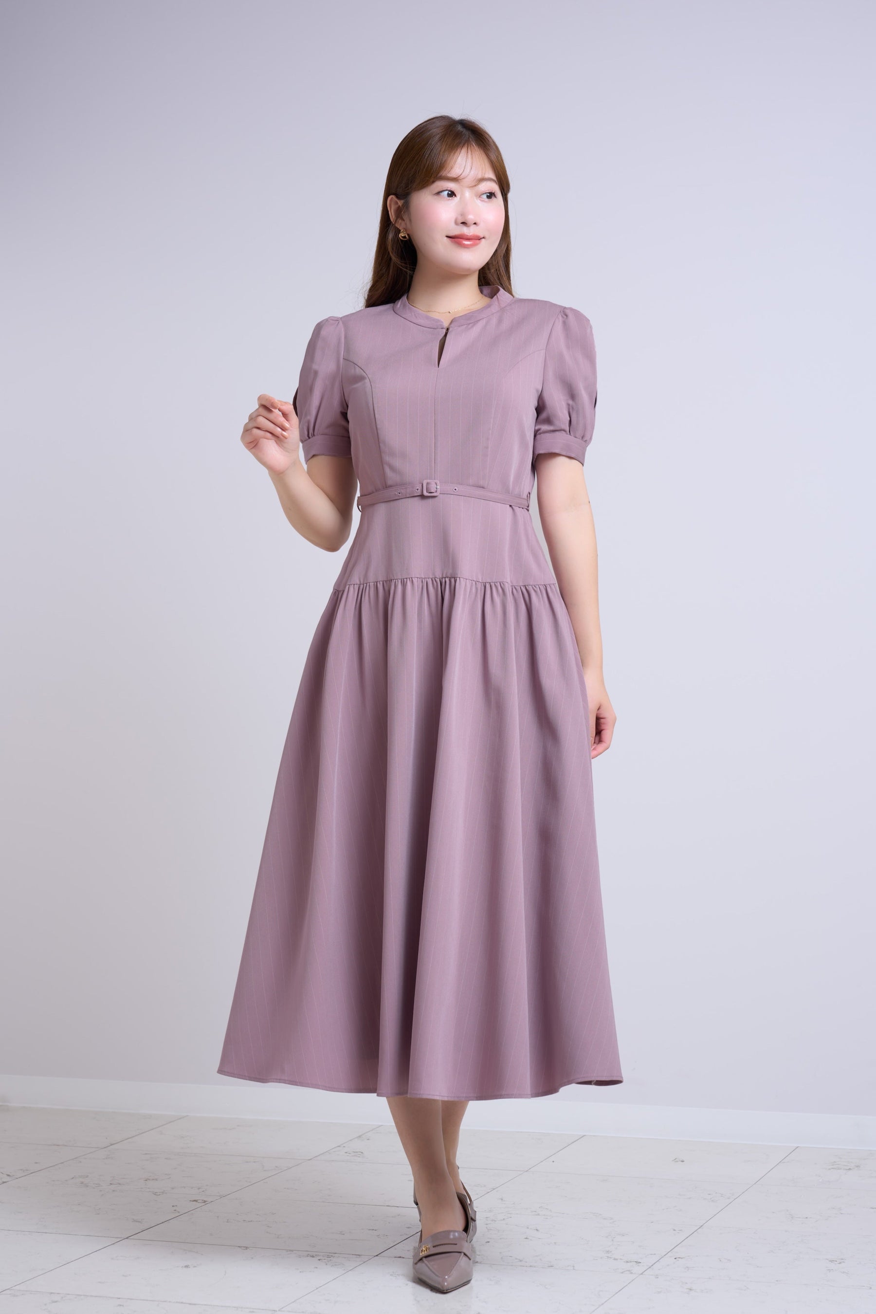Pin-Stripe Belted Flared Dress