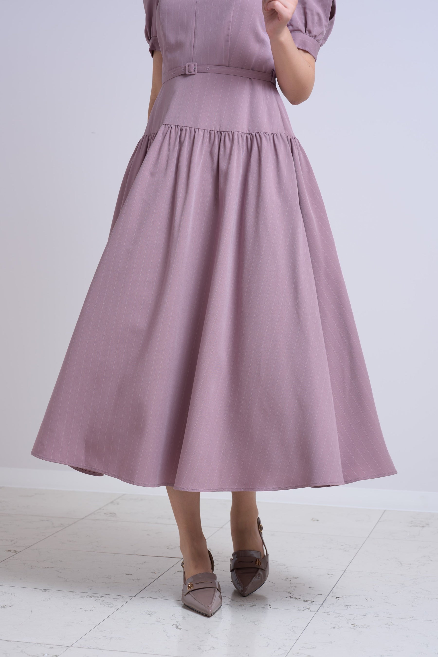 Pin-Stripe Belted Flared Dress