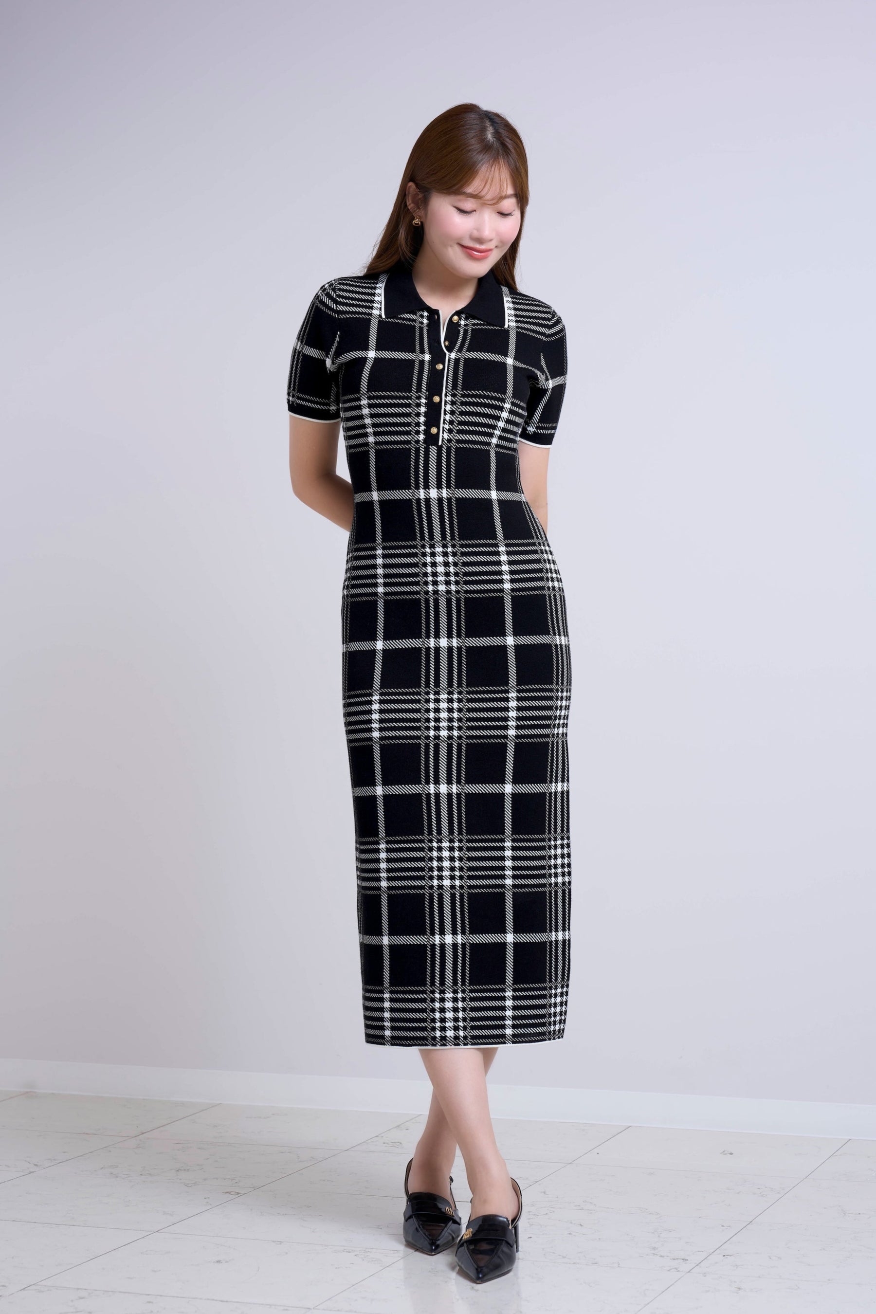 Gold-Buttoned Plaid Knit Dress