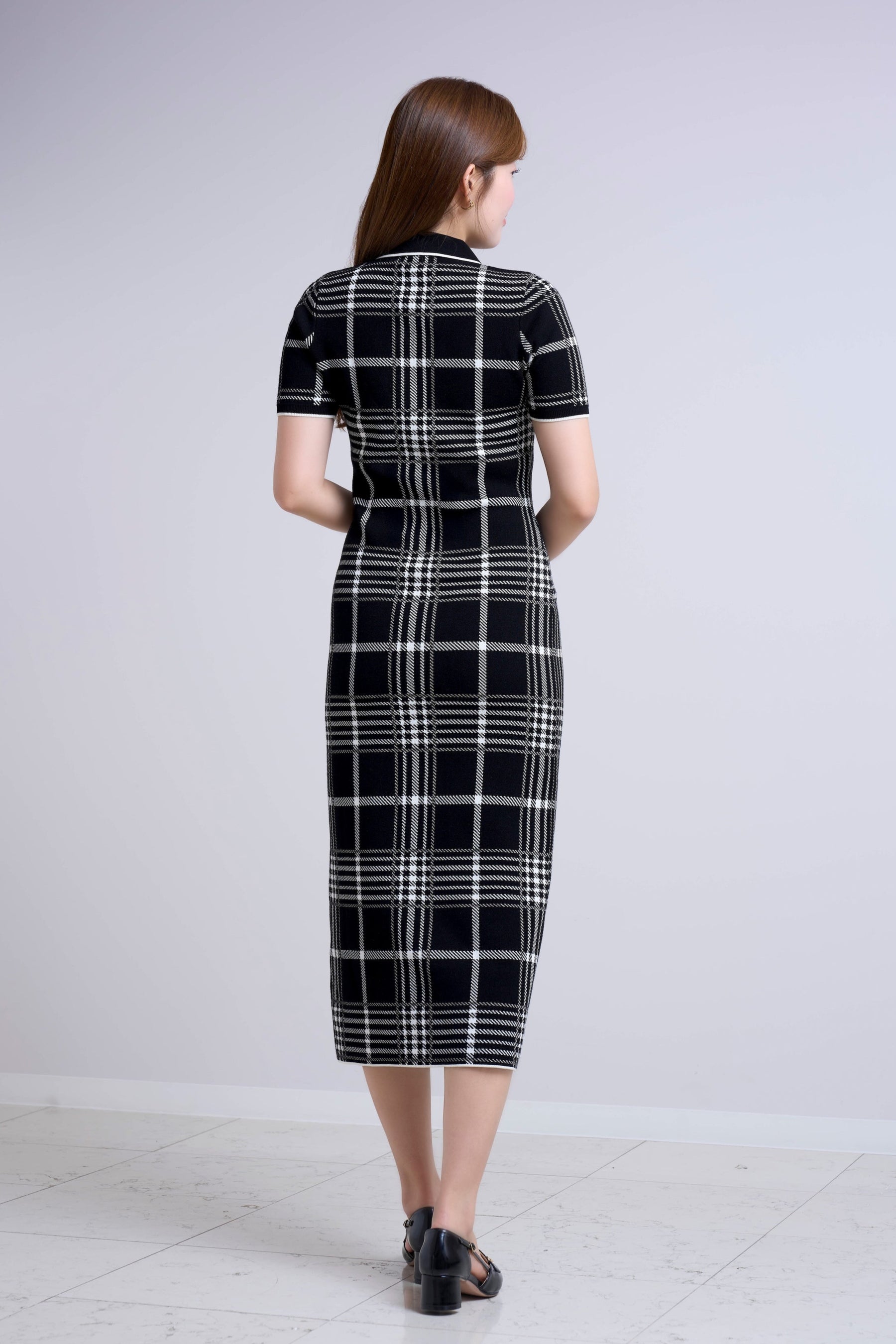 Gold-Buttoned Plaid Knit Dress