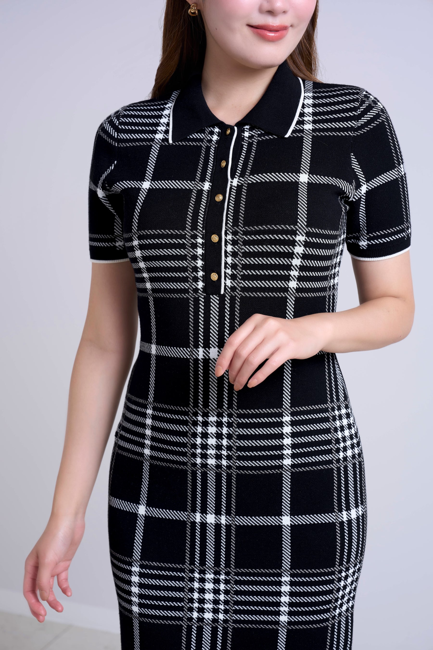 Gold-Buttoned Plaid Knit Dress