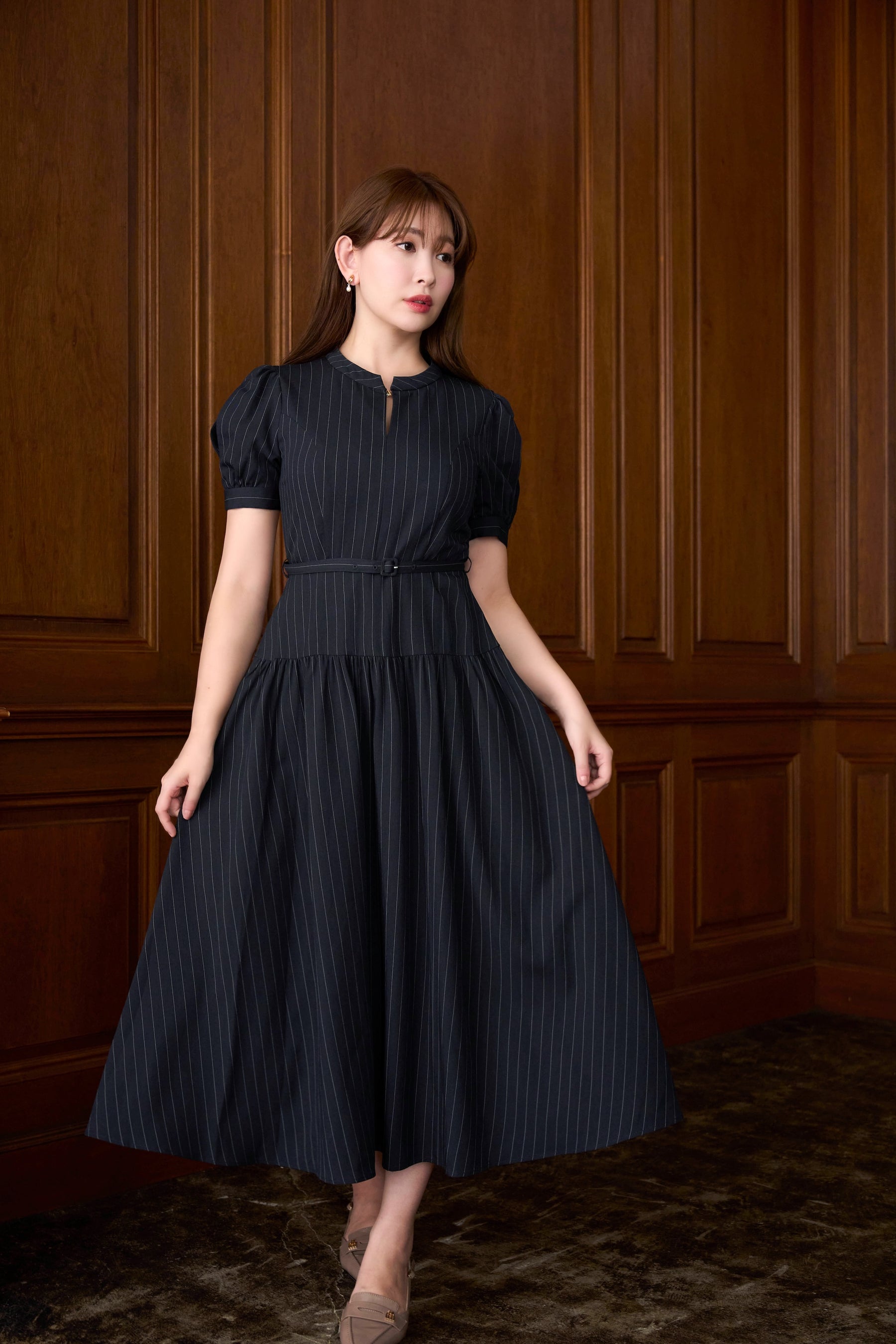 Pin-Stripe Belted Flared Dress