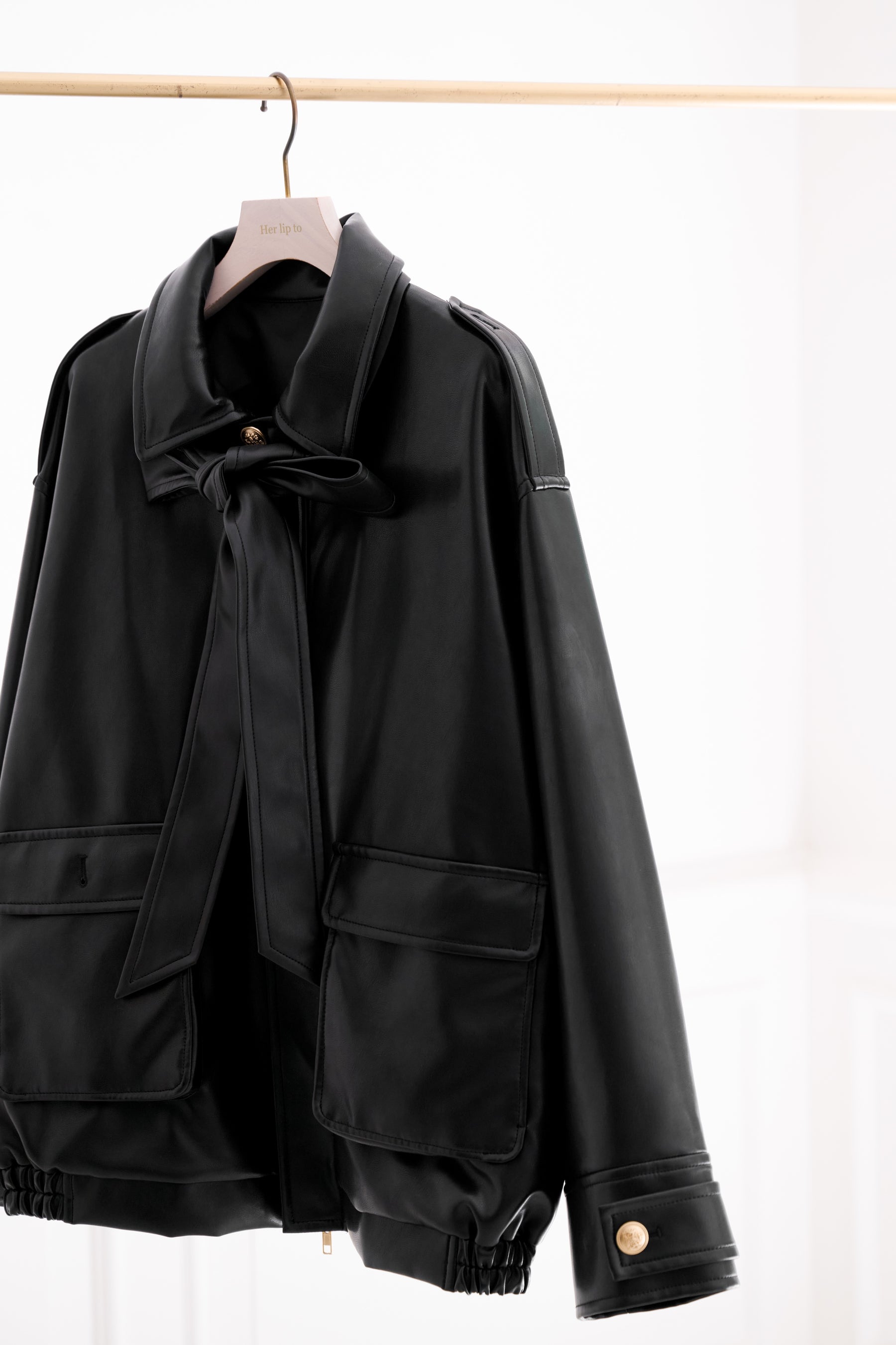 【11月下旬発送】Ribbon-Tie Faux Leather Jacket