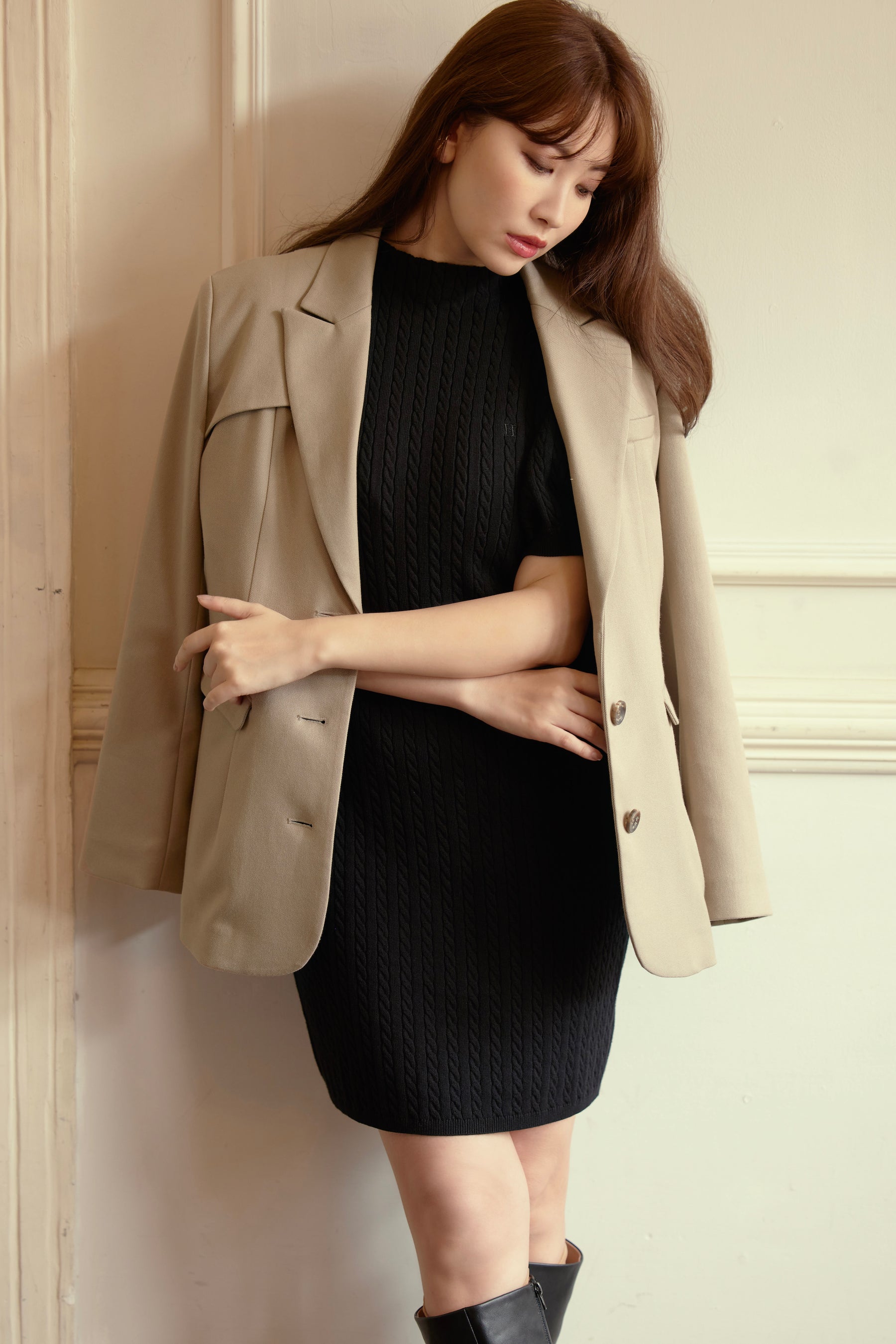 【10月上旬発送】Puff Sleeve Cable Knit Dress