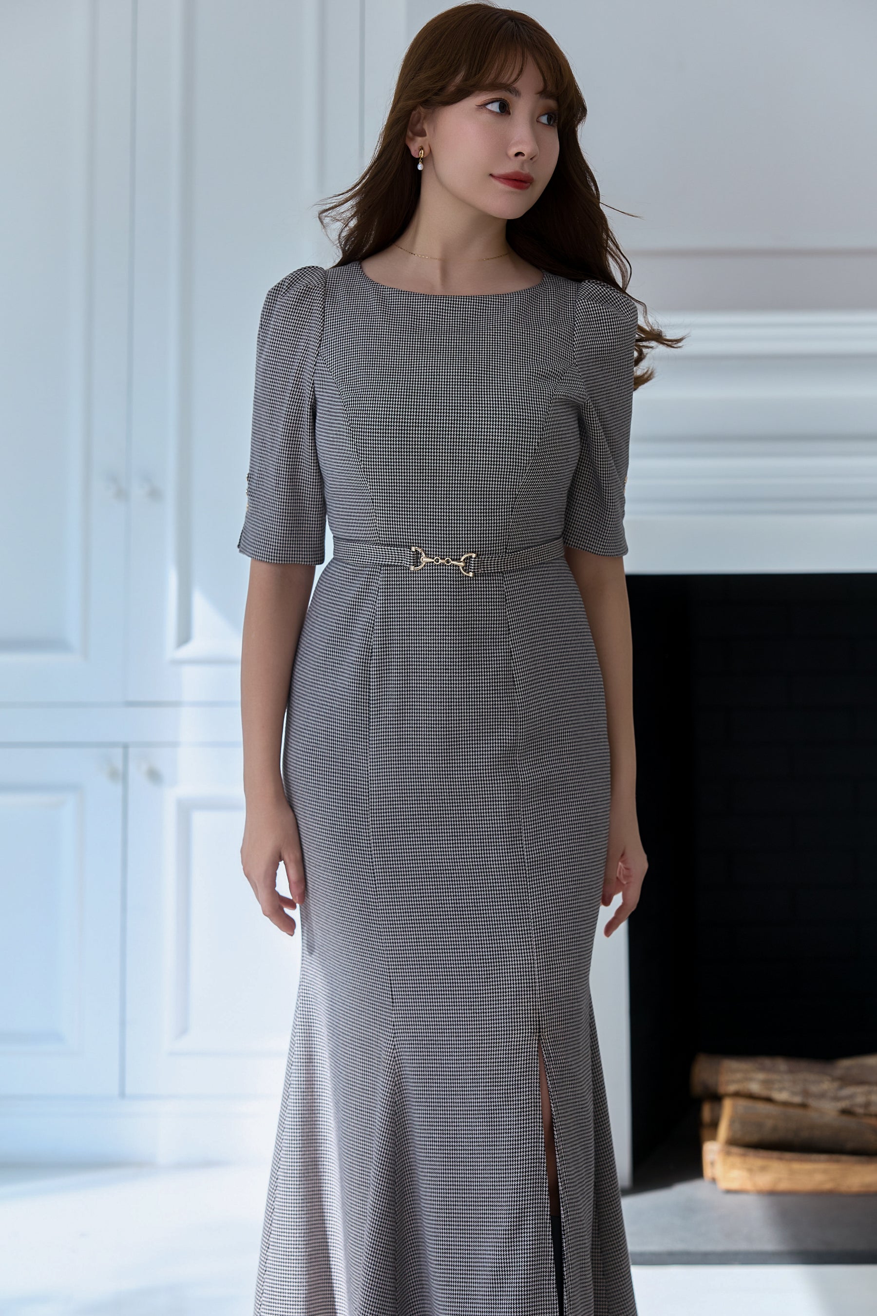 Houndstooth Belted Mermaid Dress