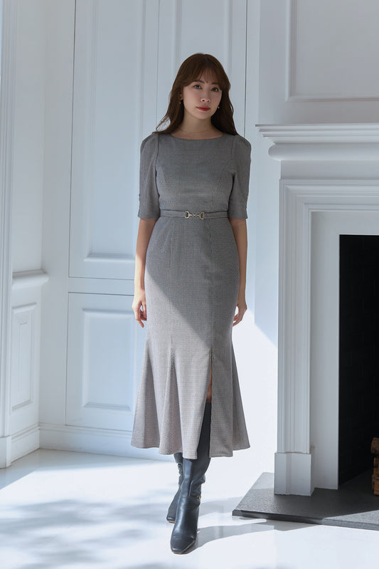 Houndstooth Belted Mermaid Dress