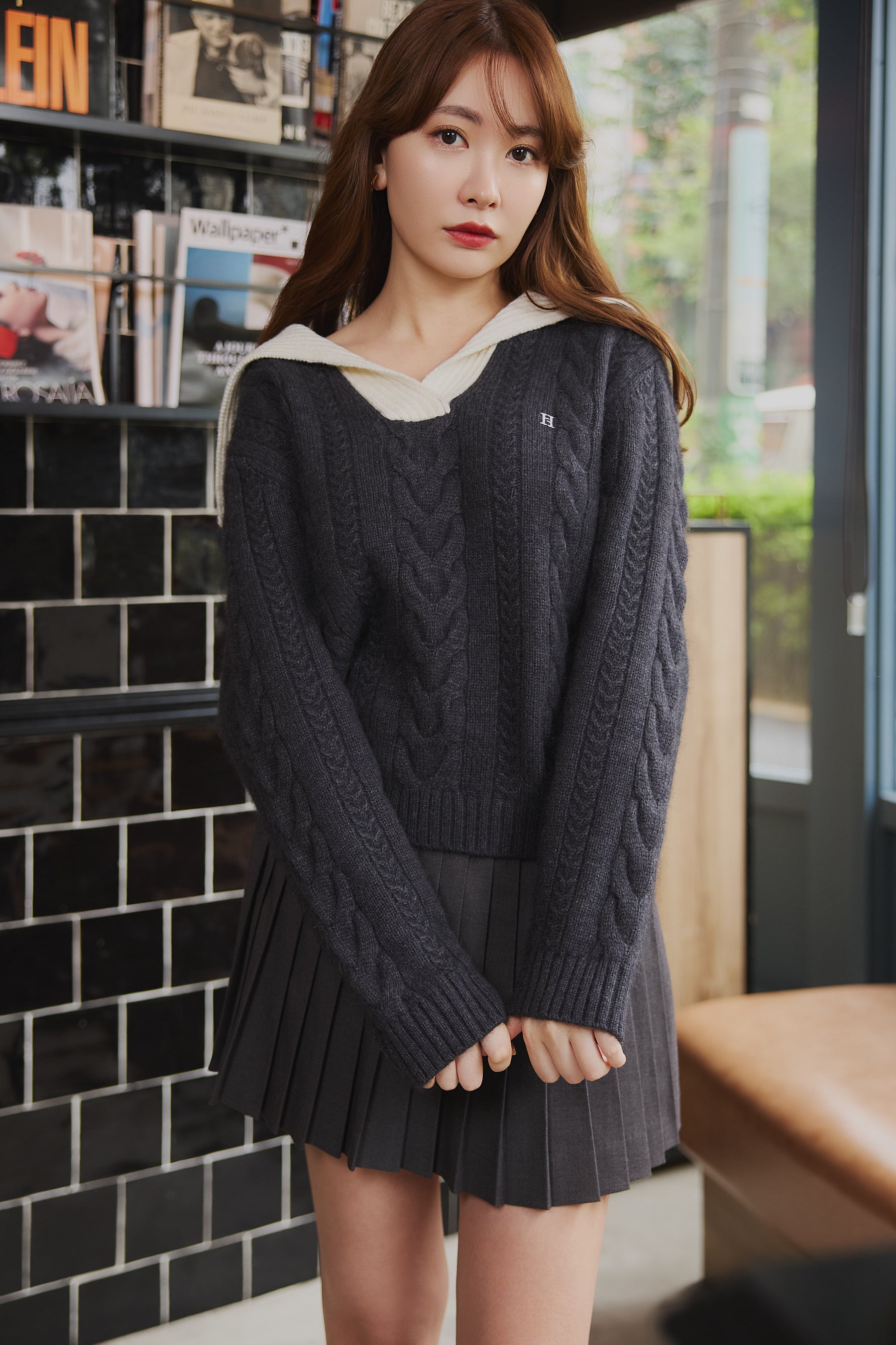 Sailor-Collar Cable Knit Pullover