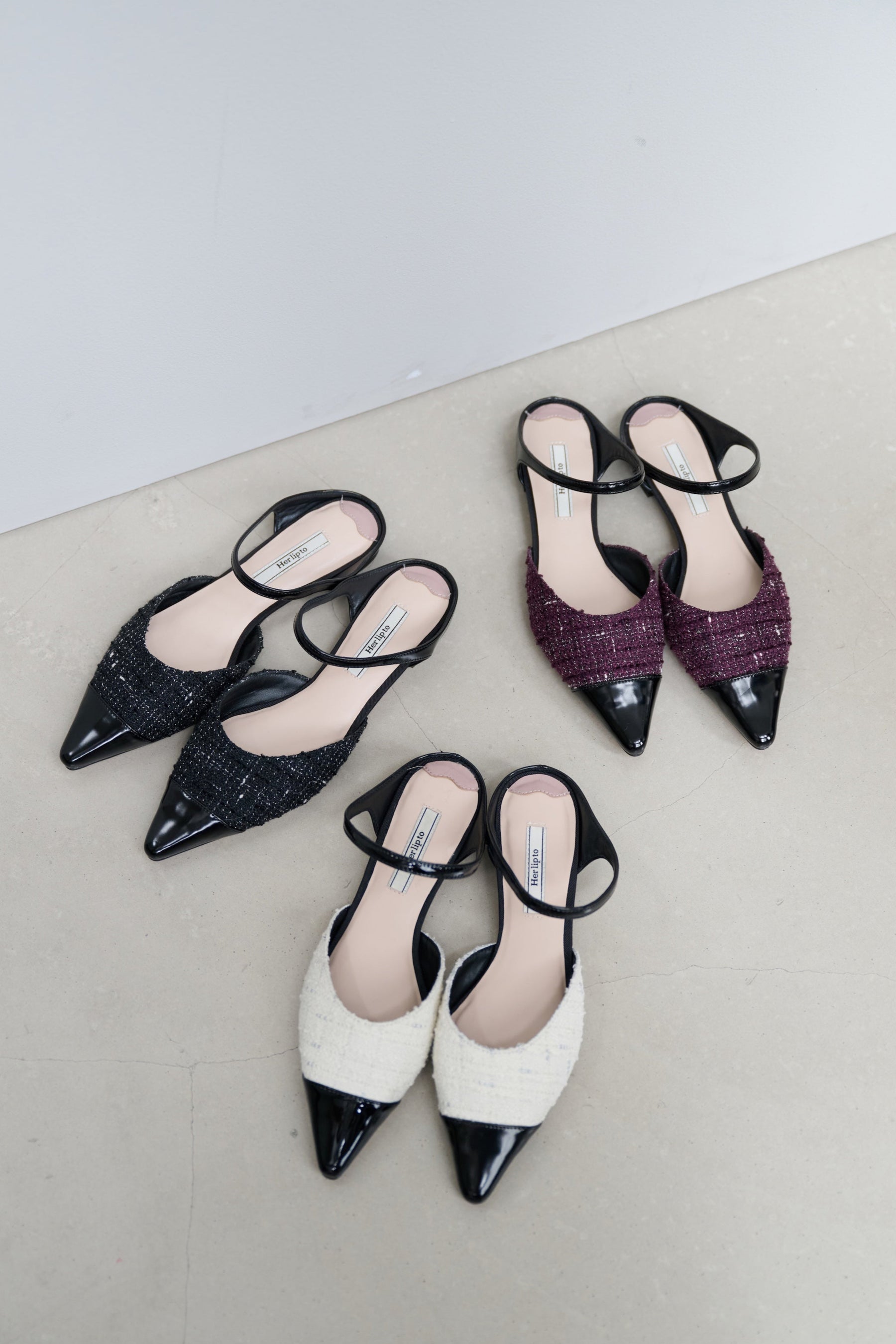 Two-Tone Strap Tweed Mules
