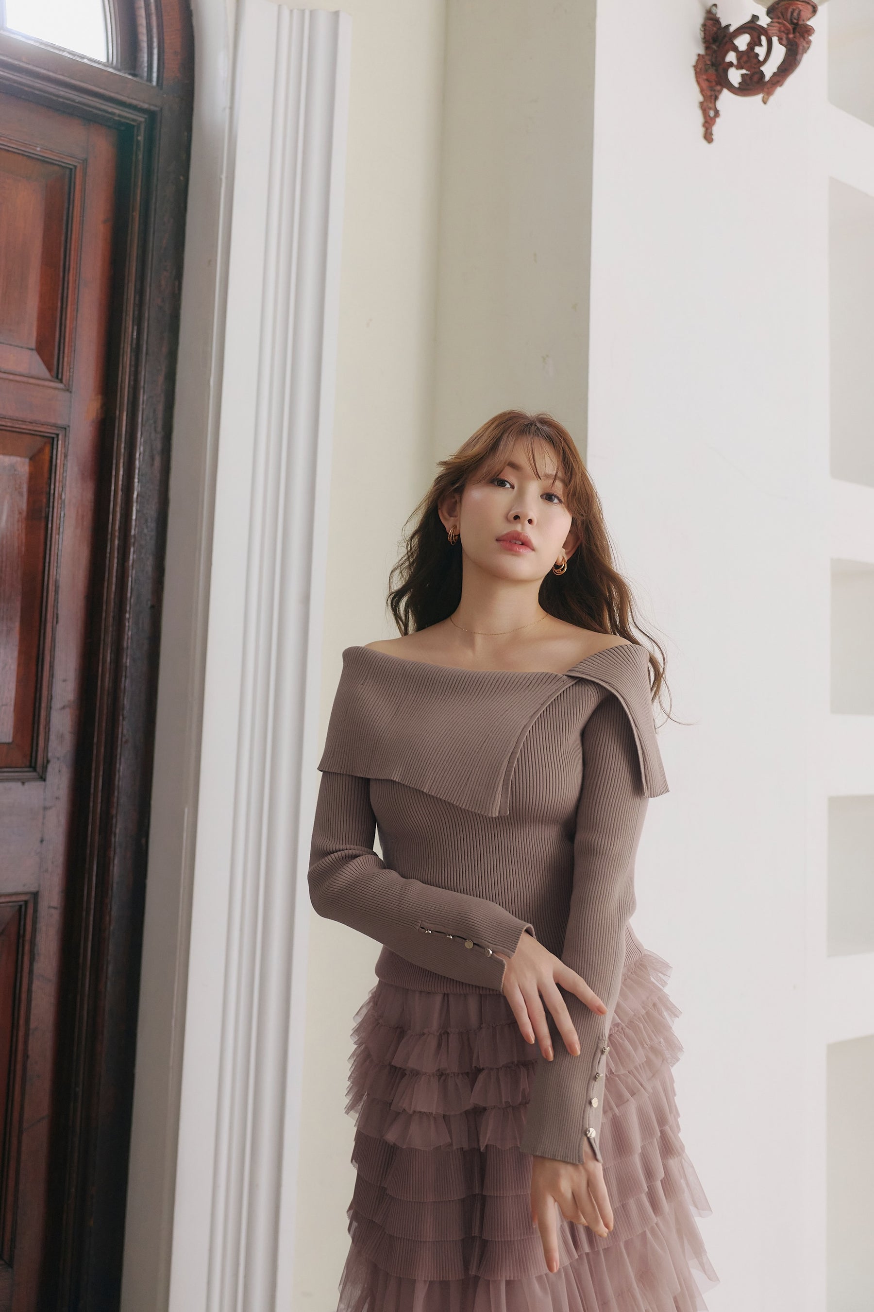 Asymmetric Oversized-Collar Knit Top
