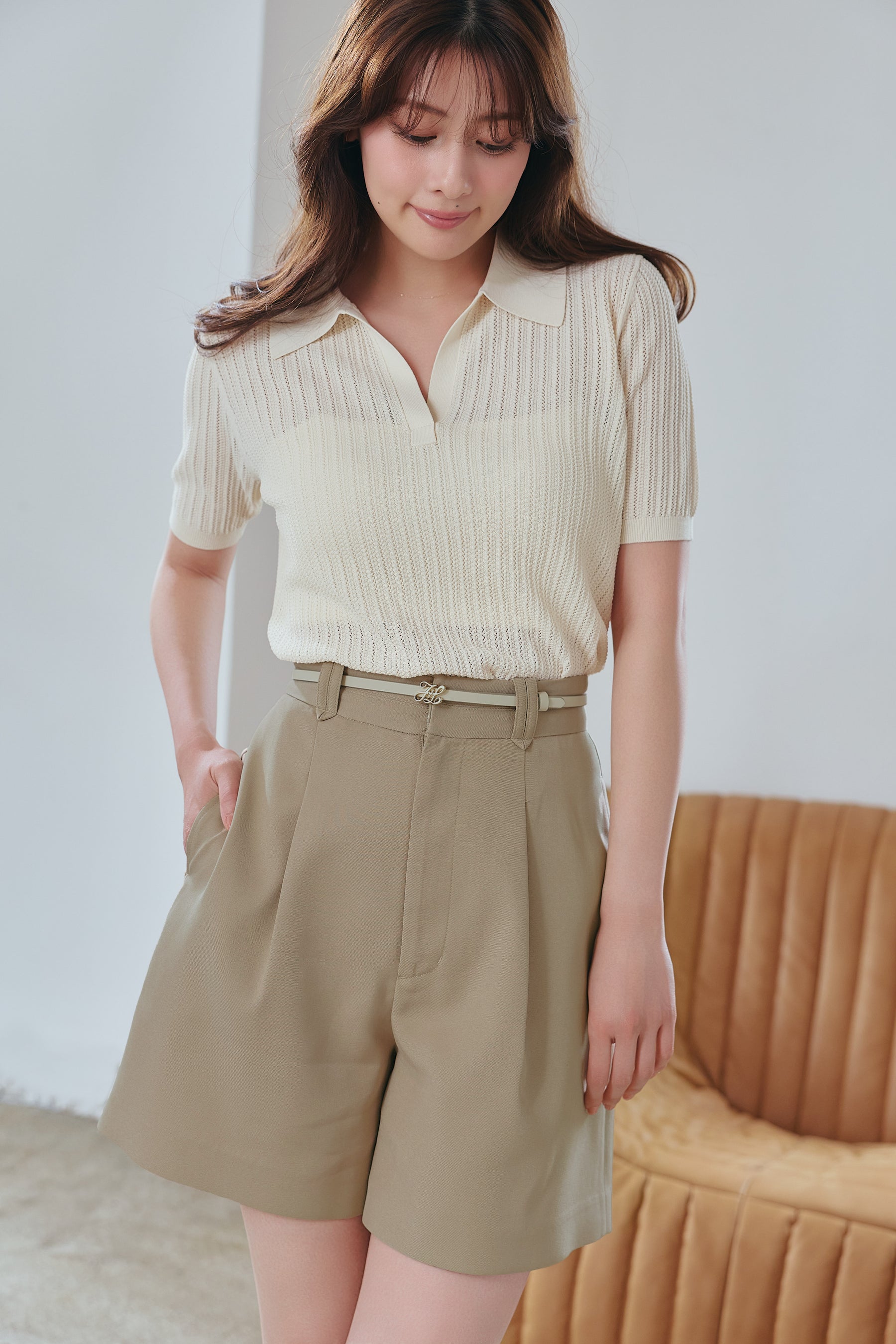 ［Essentia］Pointelle-Knit Polo Top