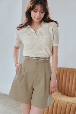 ［Essentia］Pointelle-Knit Polo Top