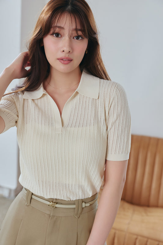 ［Essentia］Pointelle-Knit Polo Top