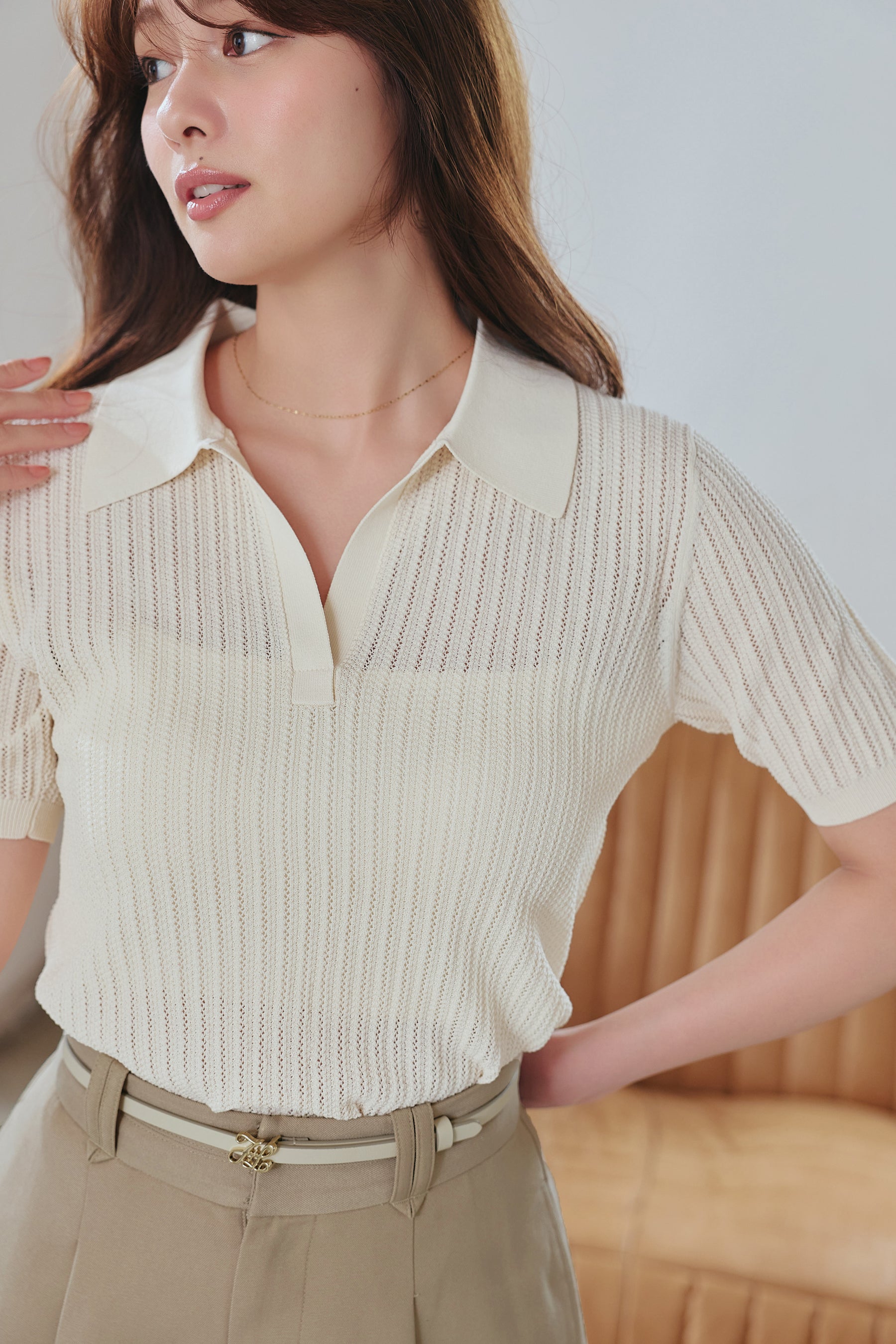 Essentia] Pointelle-Knit Polo Top