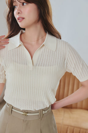 ［Essentia］Pointelle-Knit Polo Top