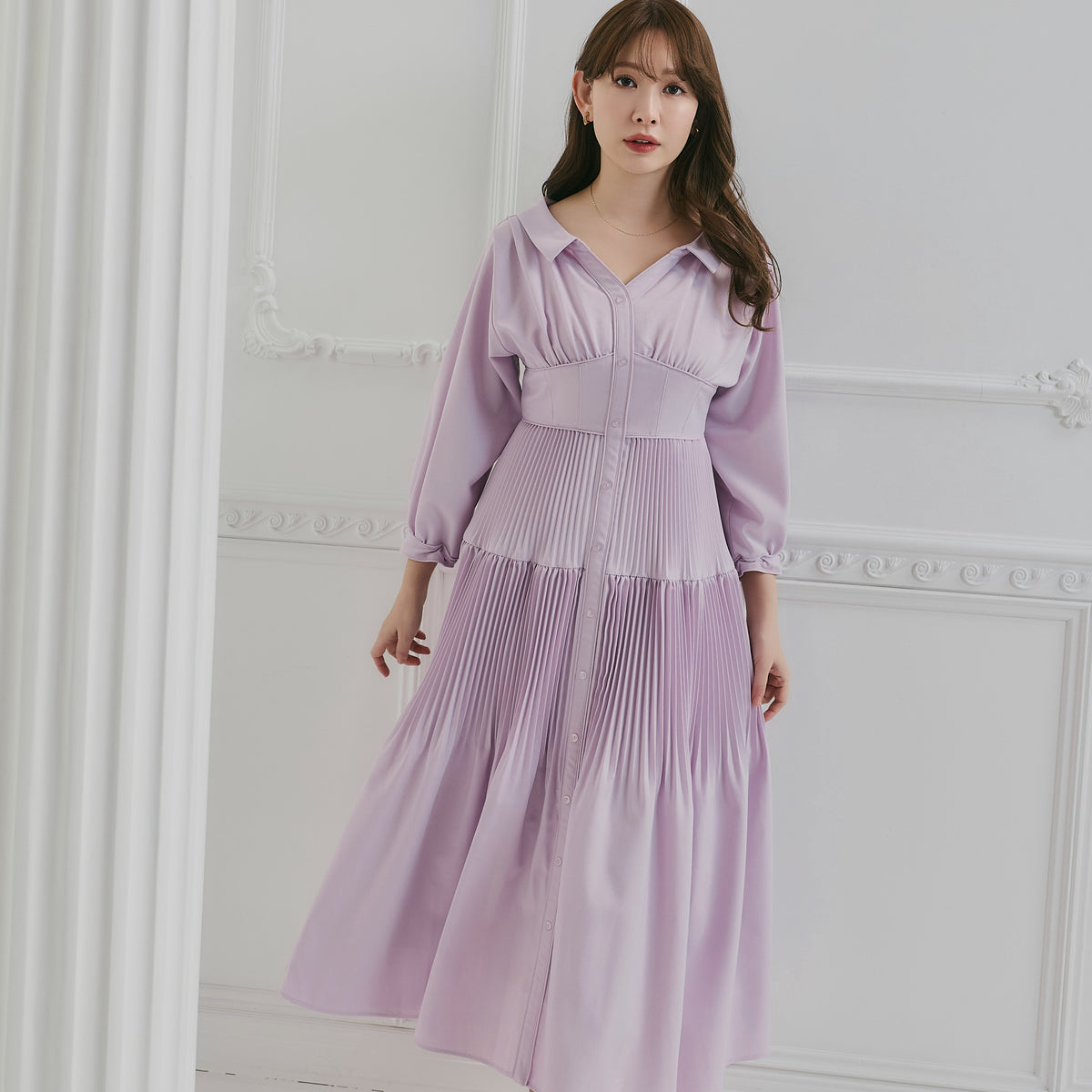 2月上旬発送】【新色】Pleated Open Shirt Dress