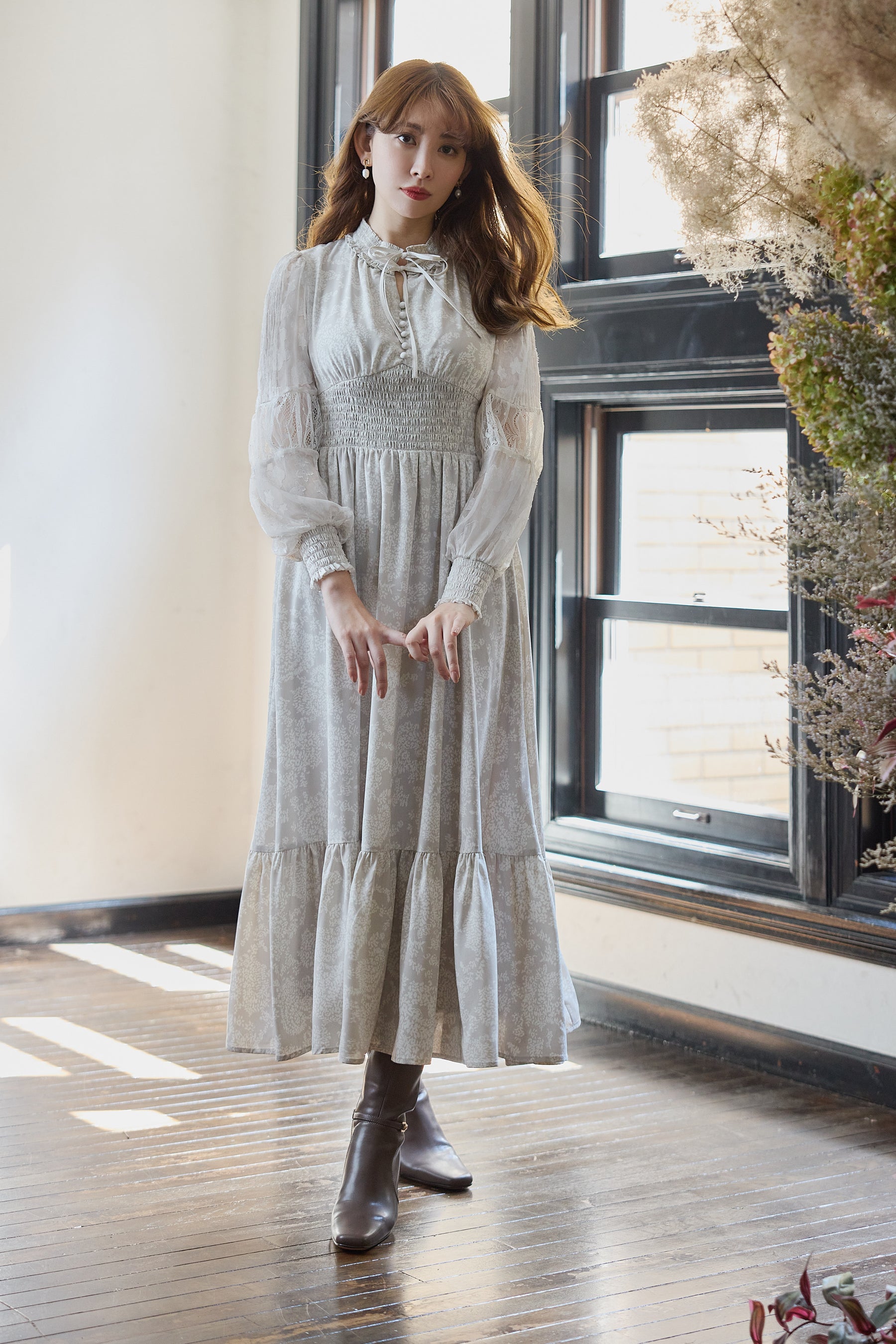 Winter Floral Long-sleeve Dress