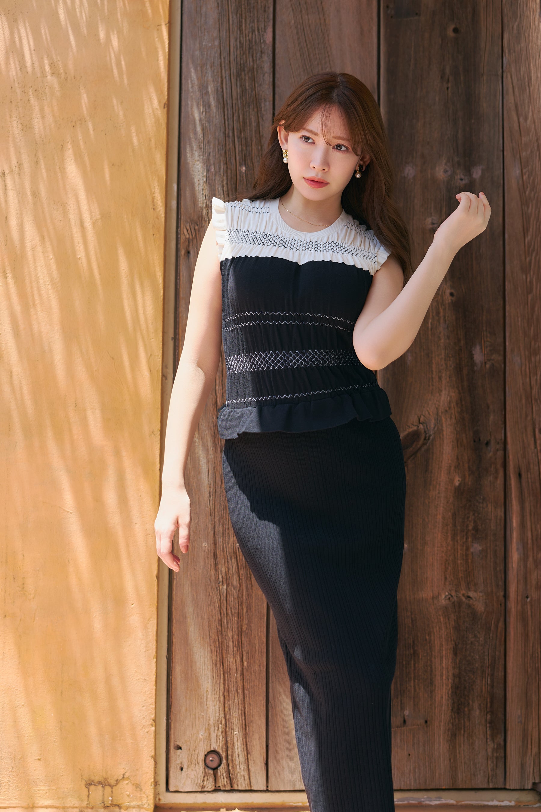 Two-Tone Gathered Knit Dress