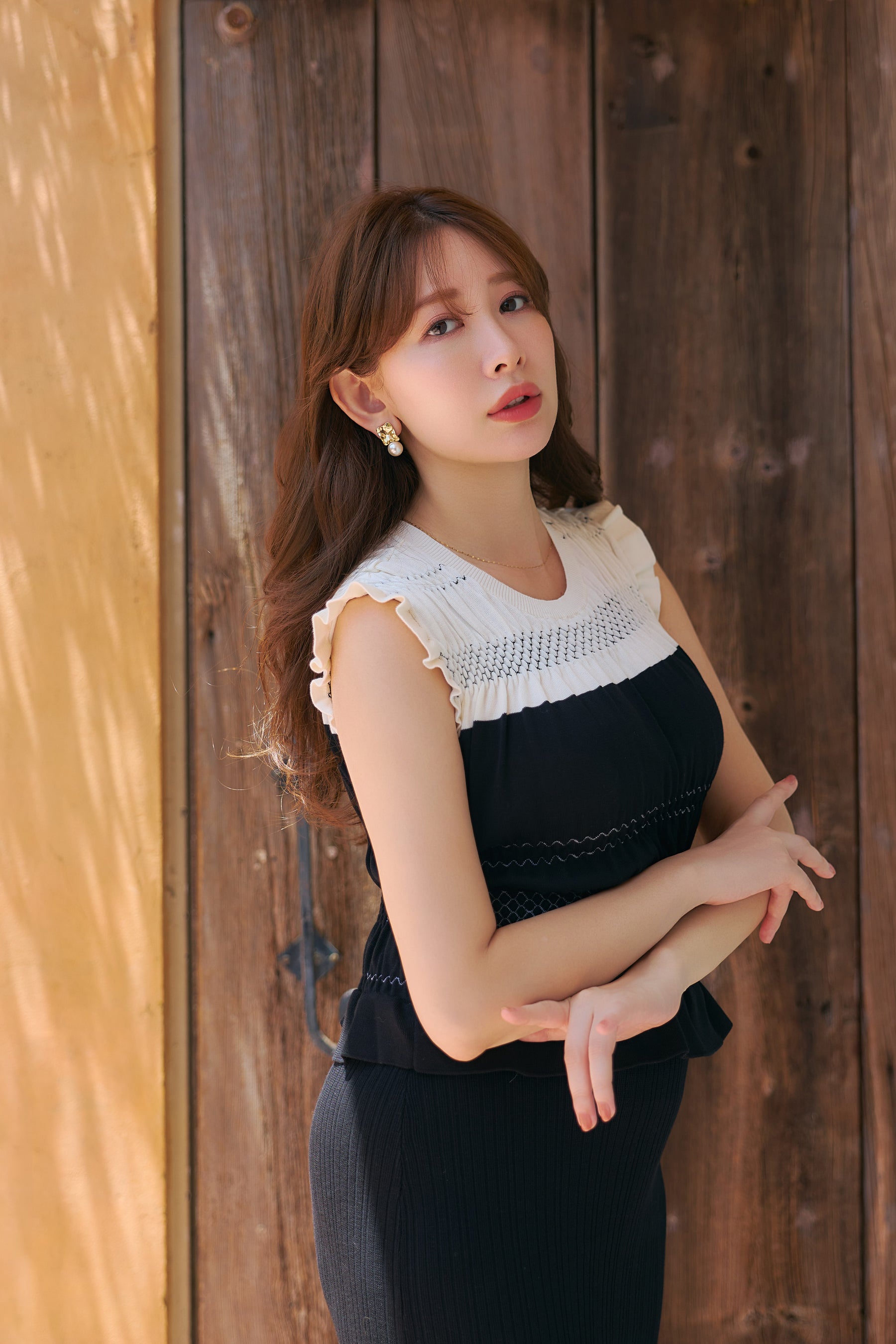Two-Tone Gathered Knit Dress