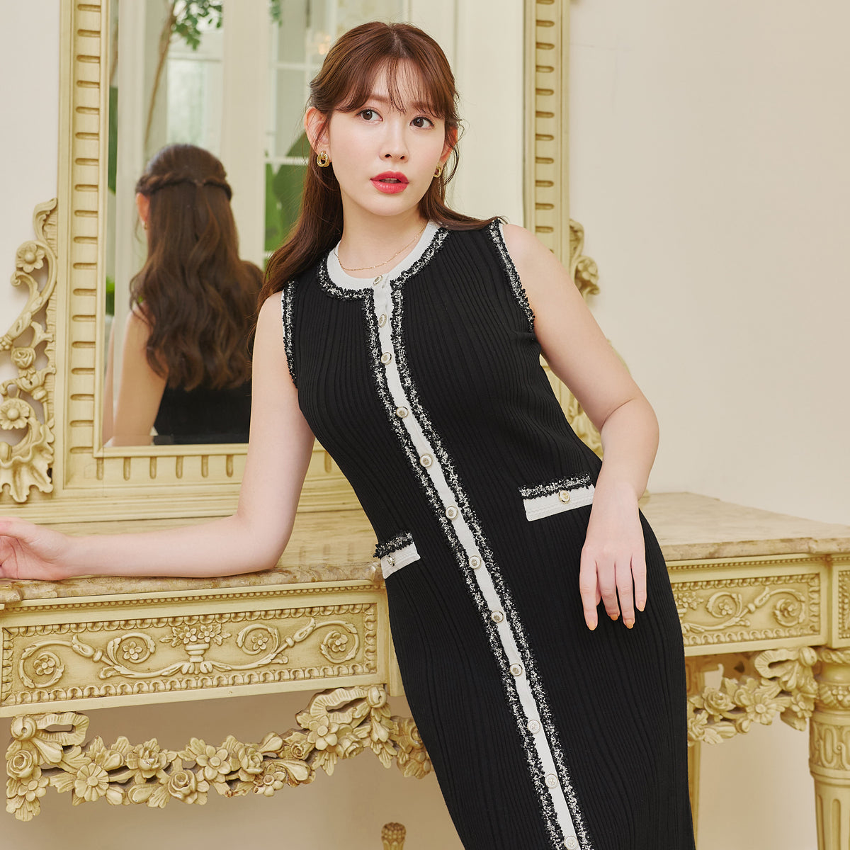 herlipto Dione Summer Knit Dress ラテ S 8月中旬発送】【latte / black】Dione Summer Knit Dress
