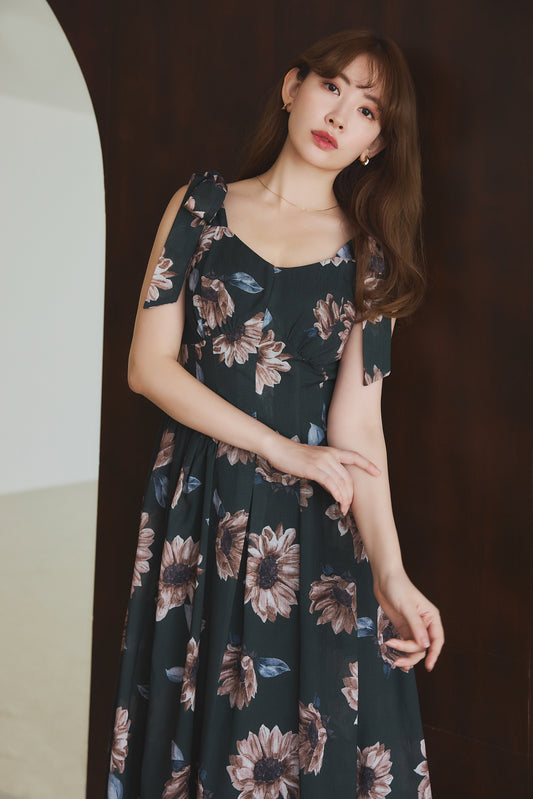 【forest / espresso】Sunflower-Printed Midi Dress
